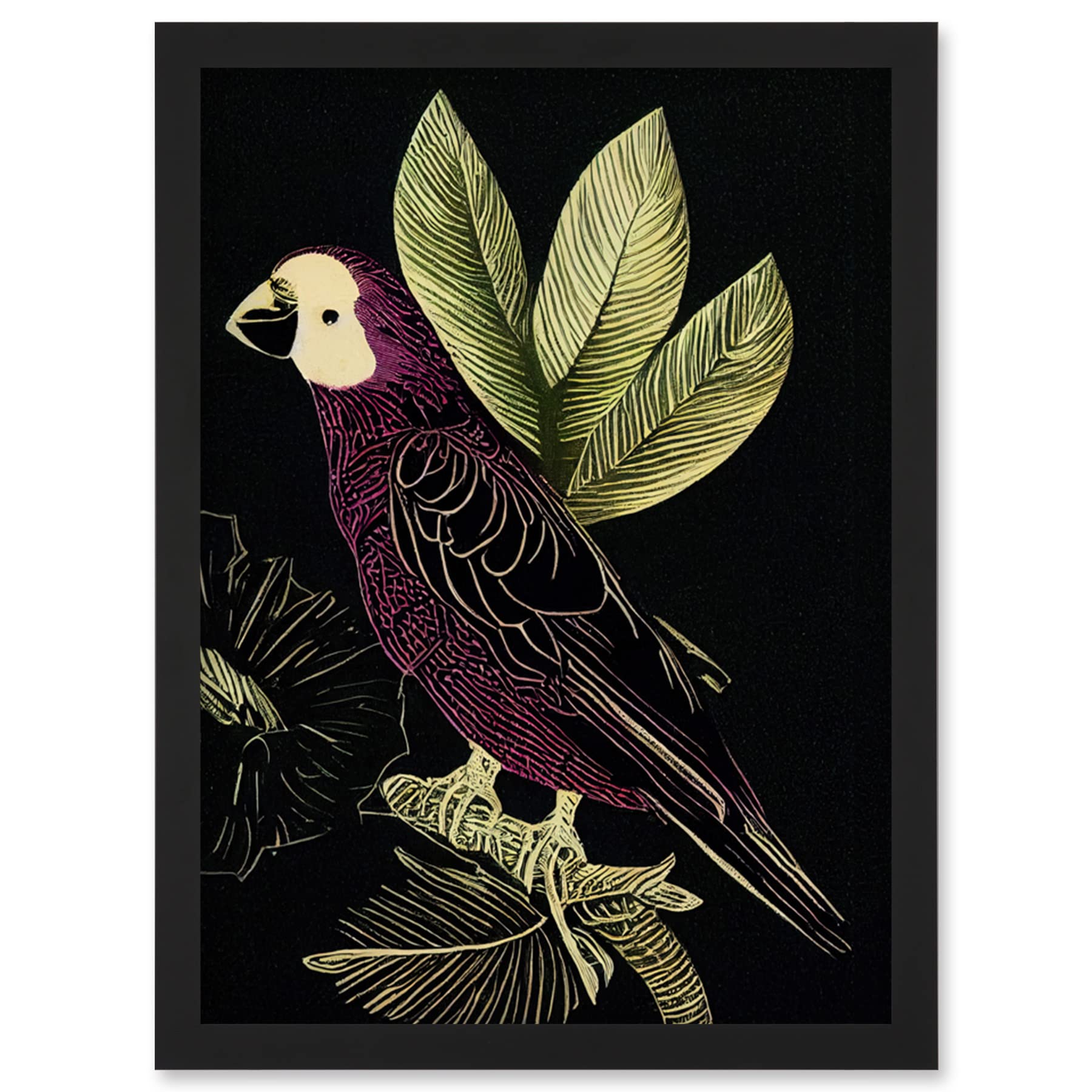 Wee Blue Coo Burgundy Parrot Leaves Tree Branch on Black Vintage Linocut Illustration Artwork Framed Wall Art Print A4