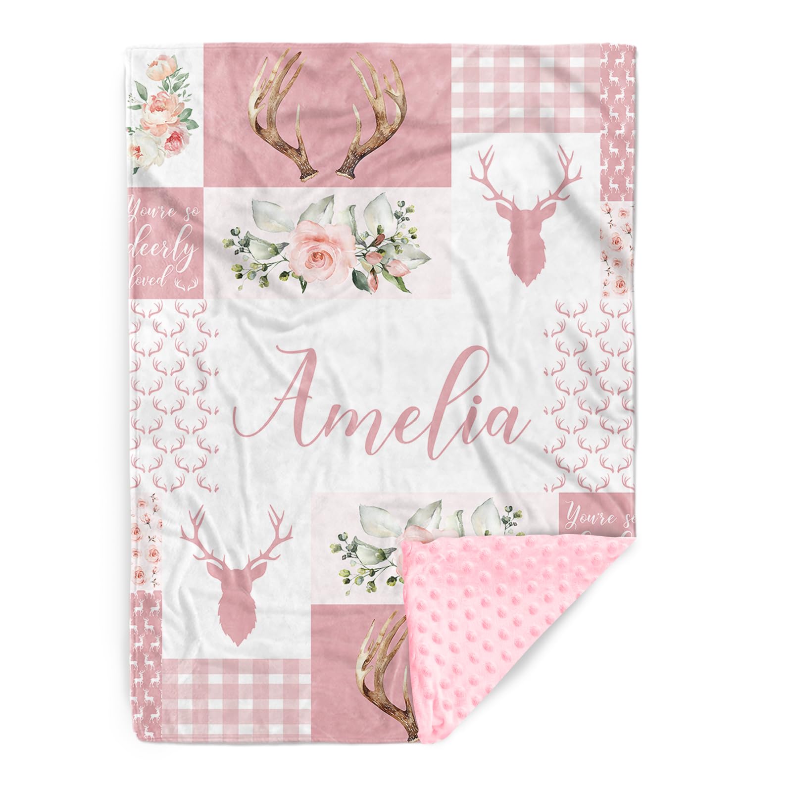 Personalized Baby Blankets with Name – Custom Baby Girl Blanket with Pink Antlers Plaid Pattern – Soft Minky Dot Blanket for Crib, Nursery, Stroller – Custom Baby Gift for Girls