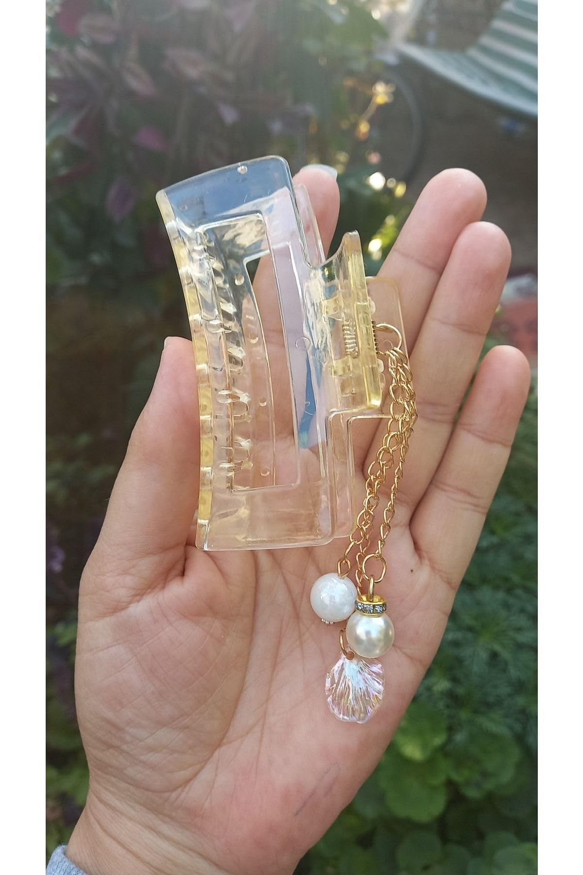 Hb Tasarım Şeffaf Incili Dikdörtgen Model Sarı Renk Mandal Toka (8,5 Cm)