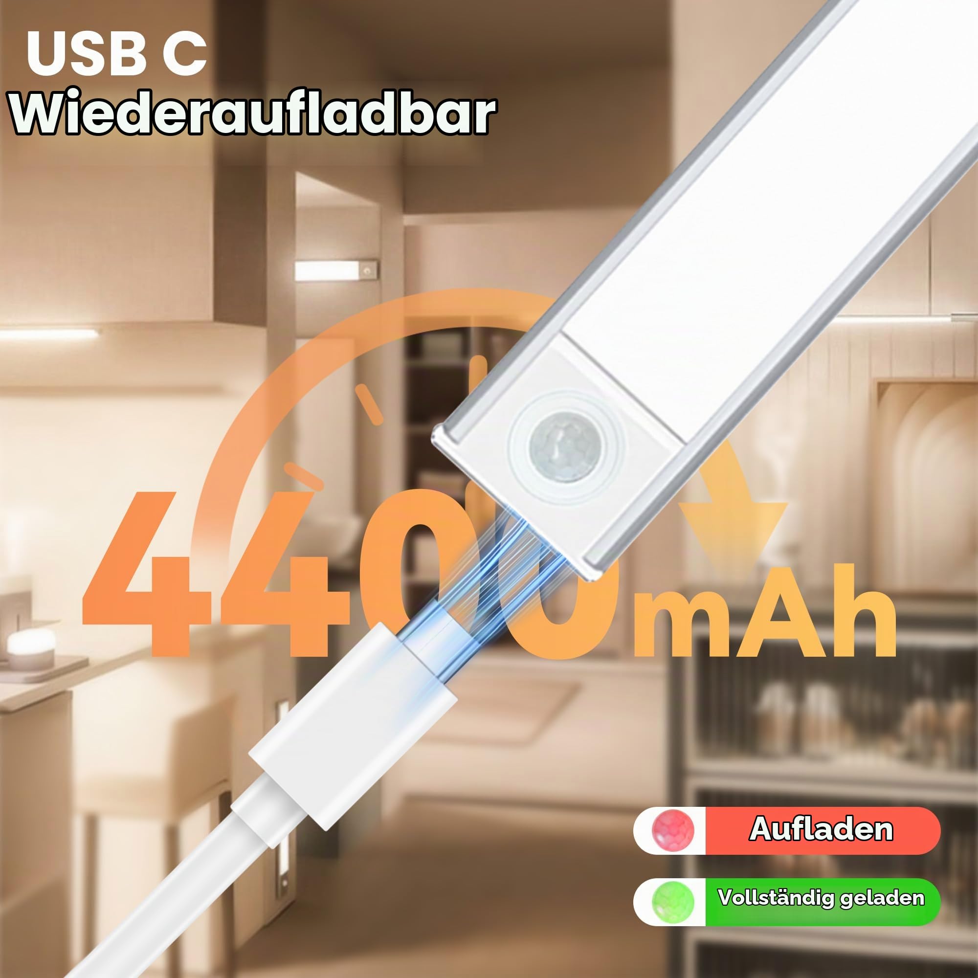 2erSet 60CM LED dimmbare Unterbauleuchte Küche Lampe 4400mAh | aufladbar Schrankbeleuchtung mit Bewegungsmelder 3 Lichtwärme magnetische Lichtleiste für Küchenschrank Kleiderschrank Bad