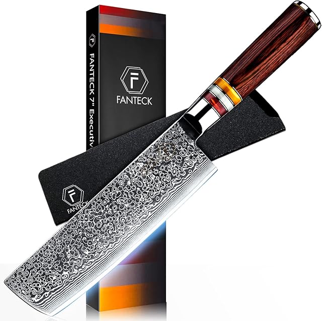 Damascus Nakiri Knife Kitchen Knife 18cm, FANTECK Vegetable Meat Fruit Cutting Cooking Knife, 67 Layers Japanese VG10 Damascus Steel Chef Knives with Pakkawood Handle - Knife Sheath and Gift Box