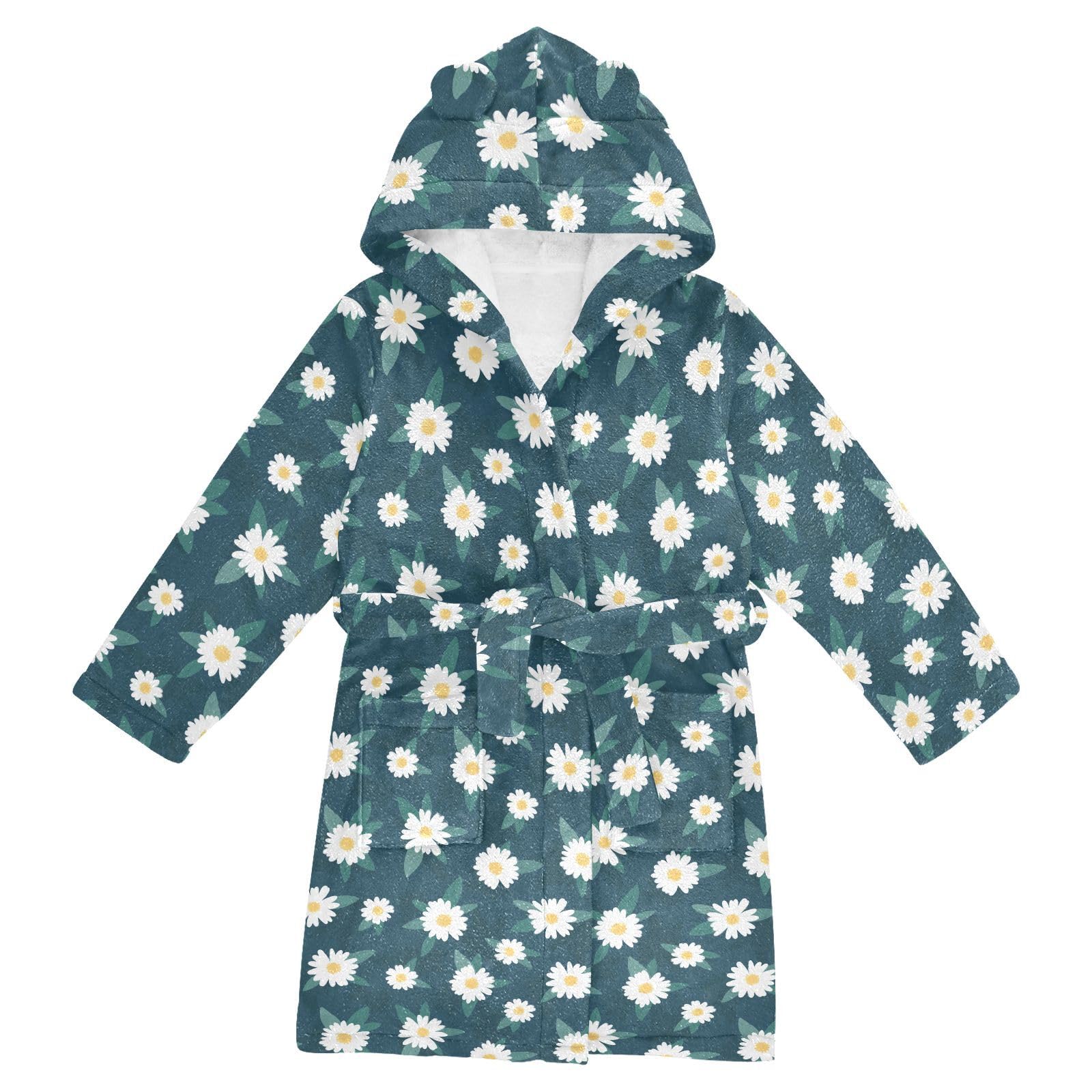 WIFIU Toddler Baby Hooded Bathrobe for Boys Girls Lovely Flower Daisies Printed, Soft Plush Bath Towel Robe with 2 Pockets Hand Drawn Floral for 7-9 Years