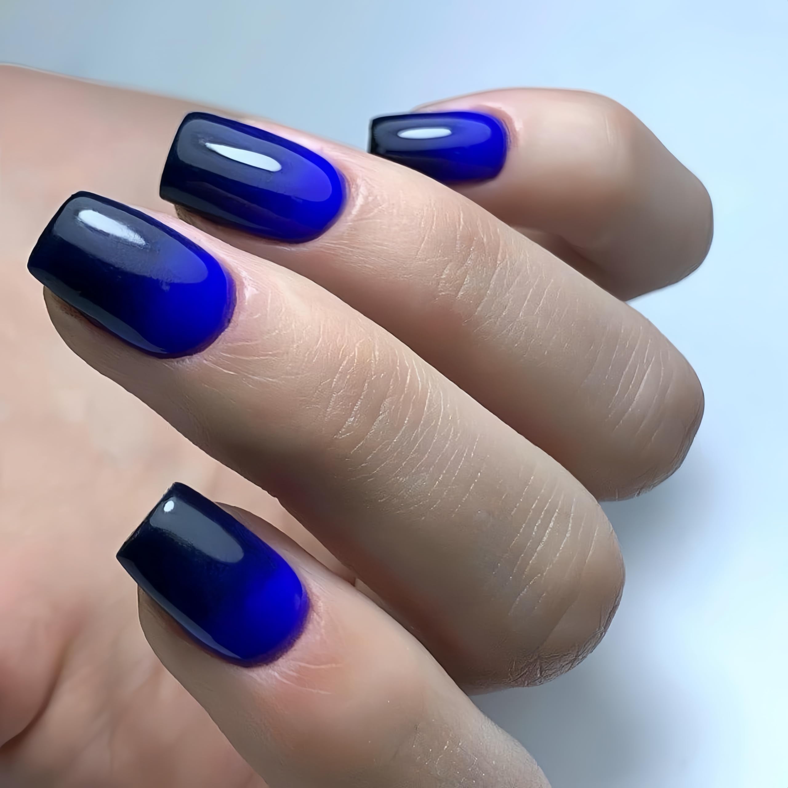 SXVME Blue Black Press on Nails Short Square, Short False Nails Coffin, Glossy Dark Royal Blue French Fake Nails Set - Image 2