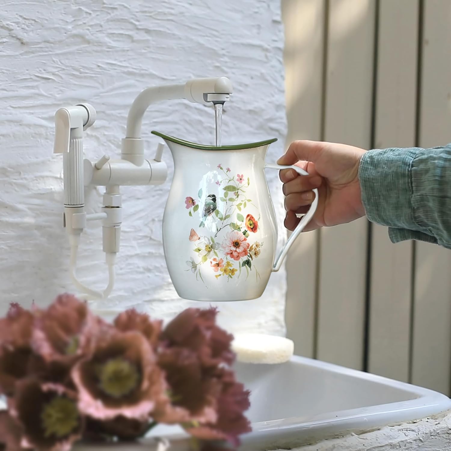 Enamel Vintage Pitcher with Wide Handle Vase for Flowers,7.9"L x 5.3"W x 7.5"H Rustic Pitcher Vase,Farmhouse Decor for Kitchen Table Centerpiece,Living Room,Bedroom (GreenF)