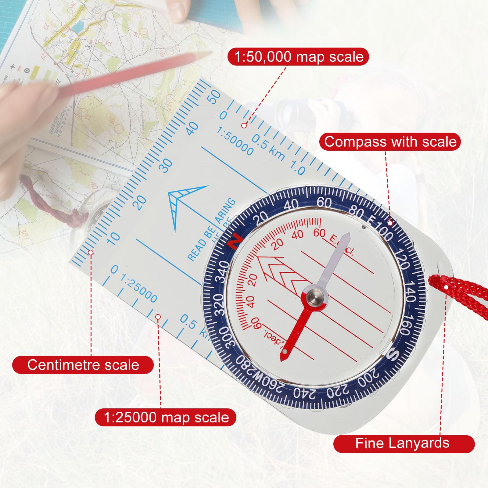 TuseRxln Kompass – Für Wandern, Outdoor, 14 Cm, Transparent, Mit Schlüsselband