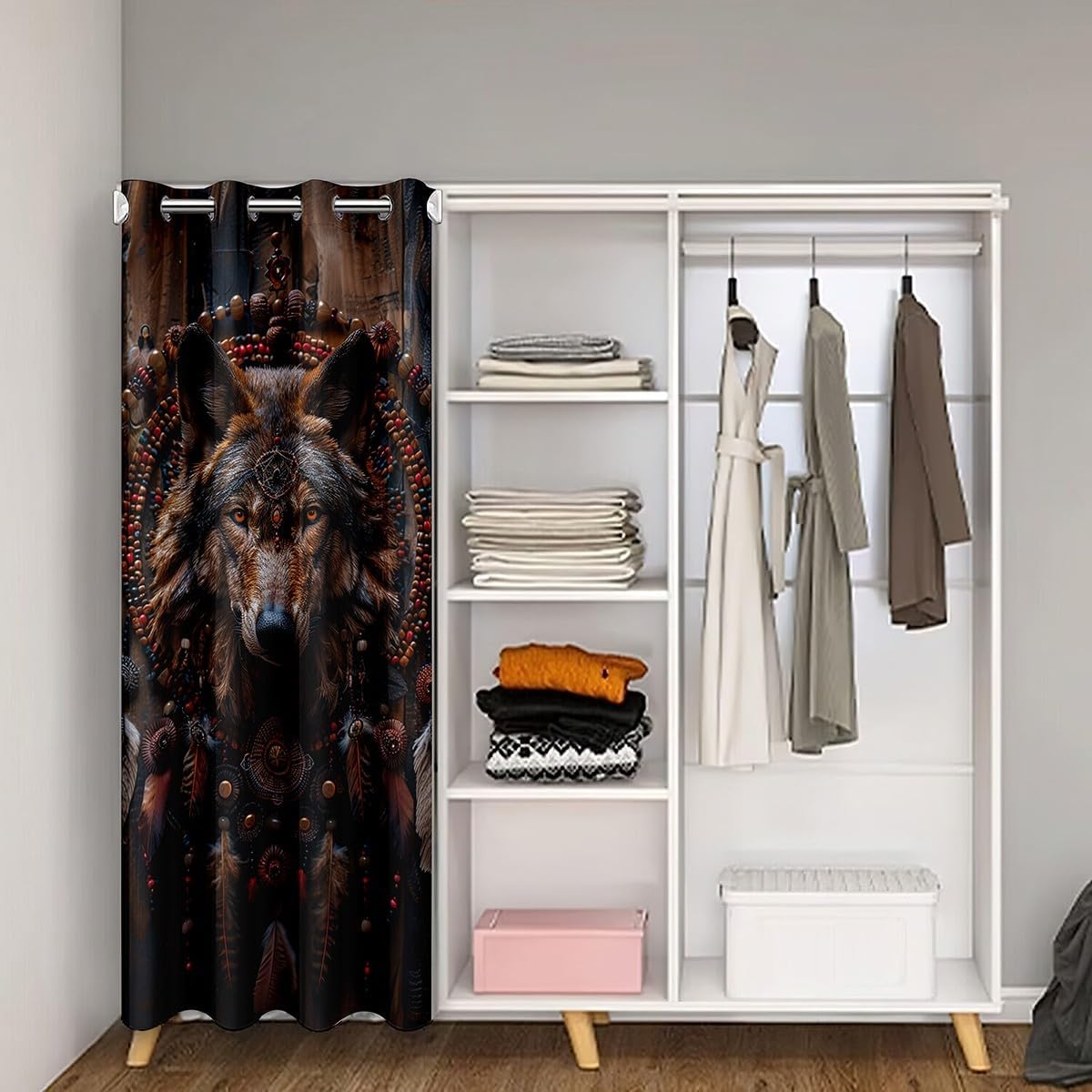 Feelyou Black Red Wolf Door Cover Curtain 1 Panel, 59"x80" Dreamcatcher Doorway Curtain Privacy Wolves Howling 30%-50% Room Darkening Blackout Curtain Animal Wolves Window Treatments
