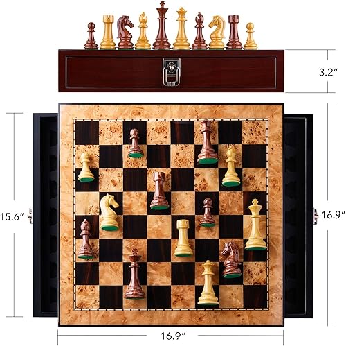 Miniatura 5 de AMEROUS Juego de ajedrez de madera de 17 pulgadas con piezas de ajedrez con alto peso de polímero, 2 cajones de almacenamiento integrados, 2 reinas