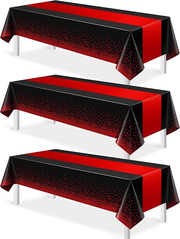 MASHAN 3 piezas de mantel negro y rojo, decoración de fiesta, mantel de plástico negro, camino de mesa rojo impreso, cubierta rectangular desechable para cumpleaños, bodas, aniversario, fiesta de graduación, 54 x 108 pulgadas
