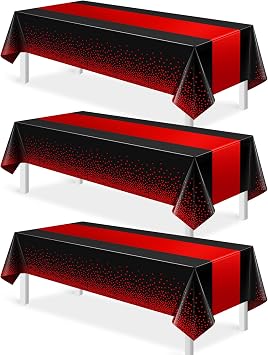 MASHAN 3Pcs Black and Red Tablecloth Party Decorations,Plastic Black Table Cloth Printed Red Table Runner Disposable Rectangle Cover for Birthday Weeding Anniversary Graduation Party,54 x108 Inch