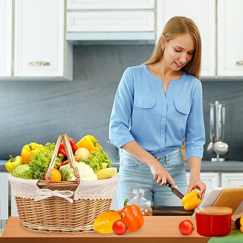 Miniatura 5 de Cesta de mimbre multiusos con asa, cesta de picnic de mimbre con forro, cesta de regalo vacía, cesta tejida de sauce ovalada para frutas, vino,