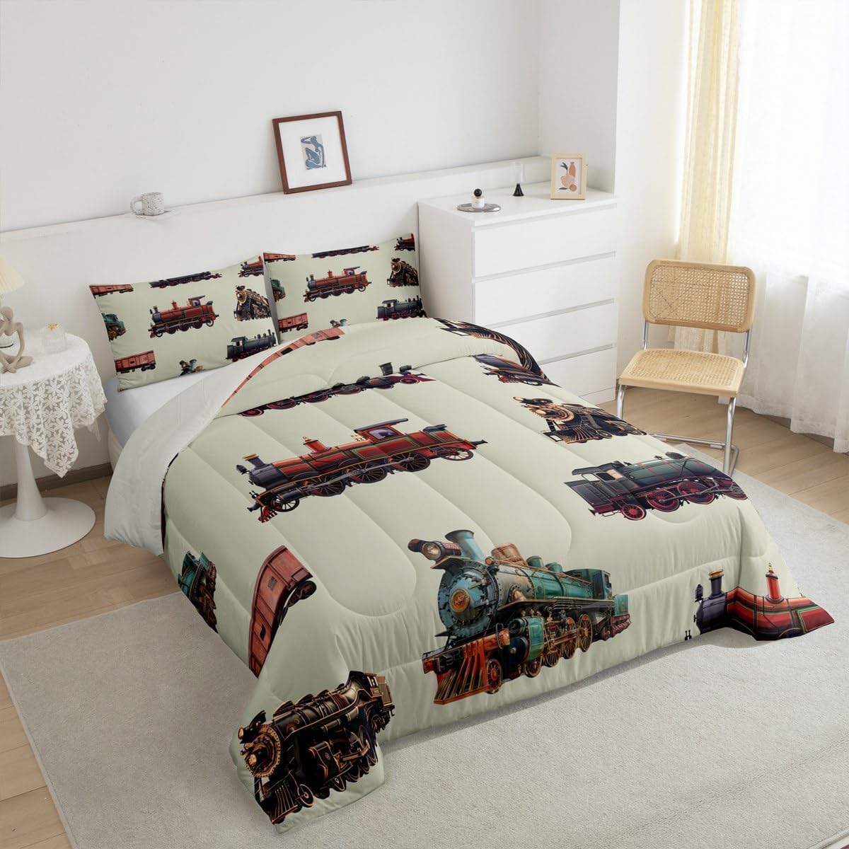 Feelyou Vintage Train Bedding Set for Kids Boys Retro Steam Engine Print Comforter Twin Size Bedroom Decor Retro Steam Locomotive Train Print Quilt Duvet 2 Pieces