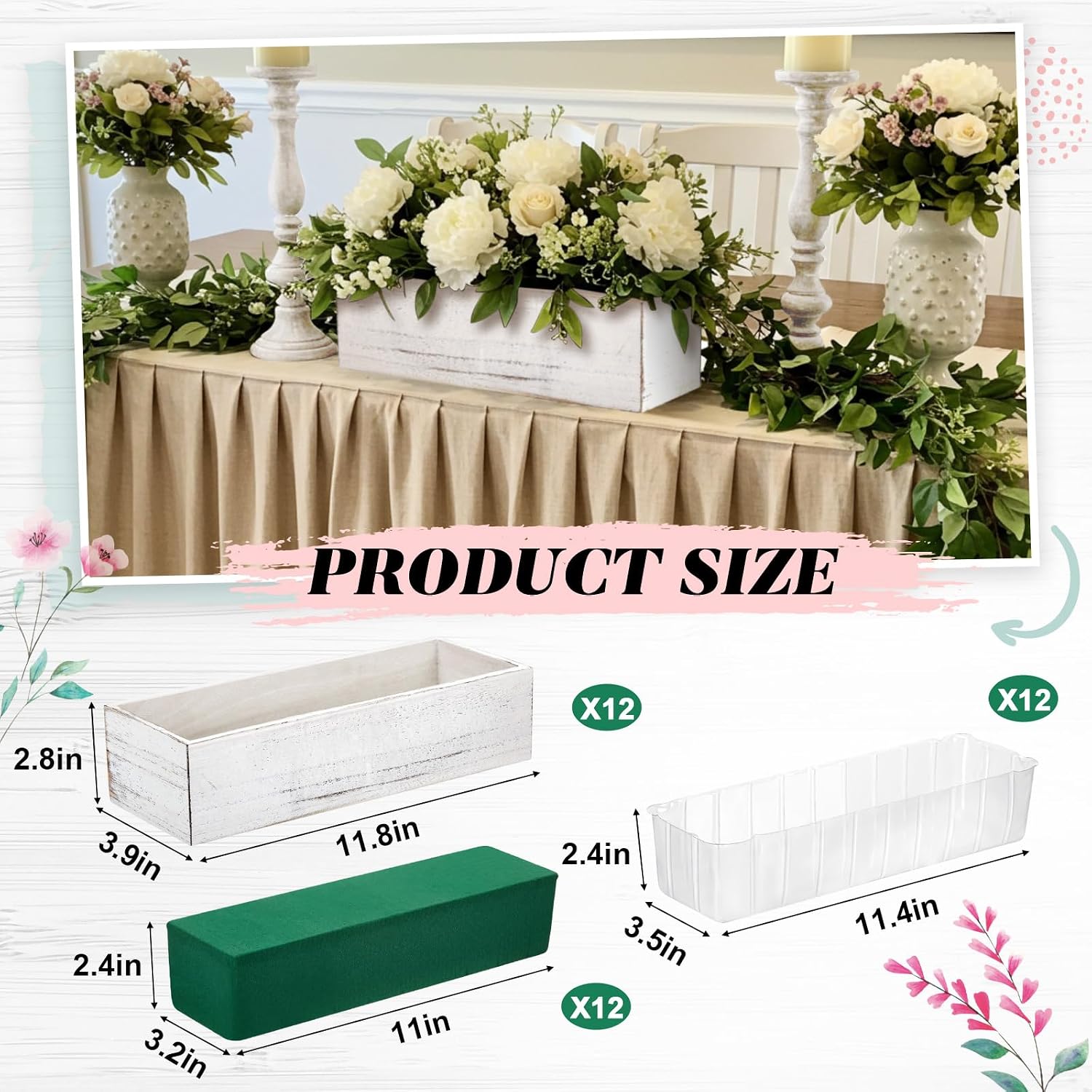 dandat 12 set wood boxes for centerpieces 12x4 inch rectangle wooden planter box rustic wooden planters with removable plastic liner floral foam blocks for christmas wedding home garden decor(white) 12 x 4 inch white 12