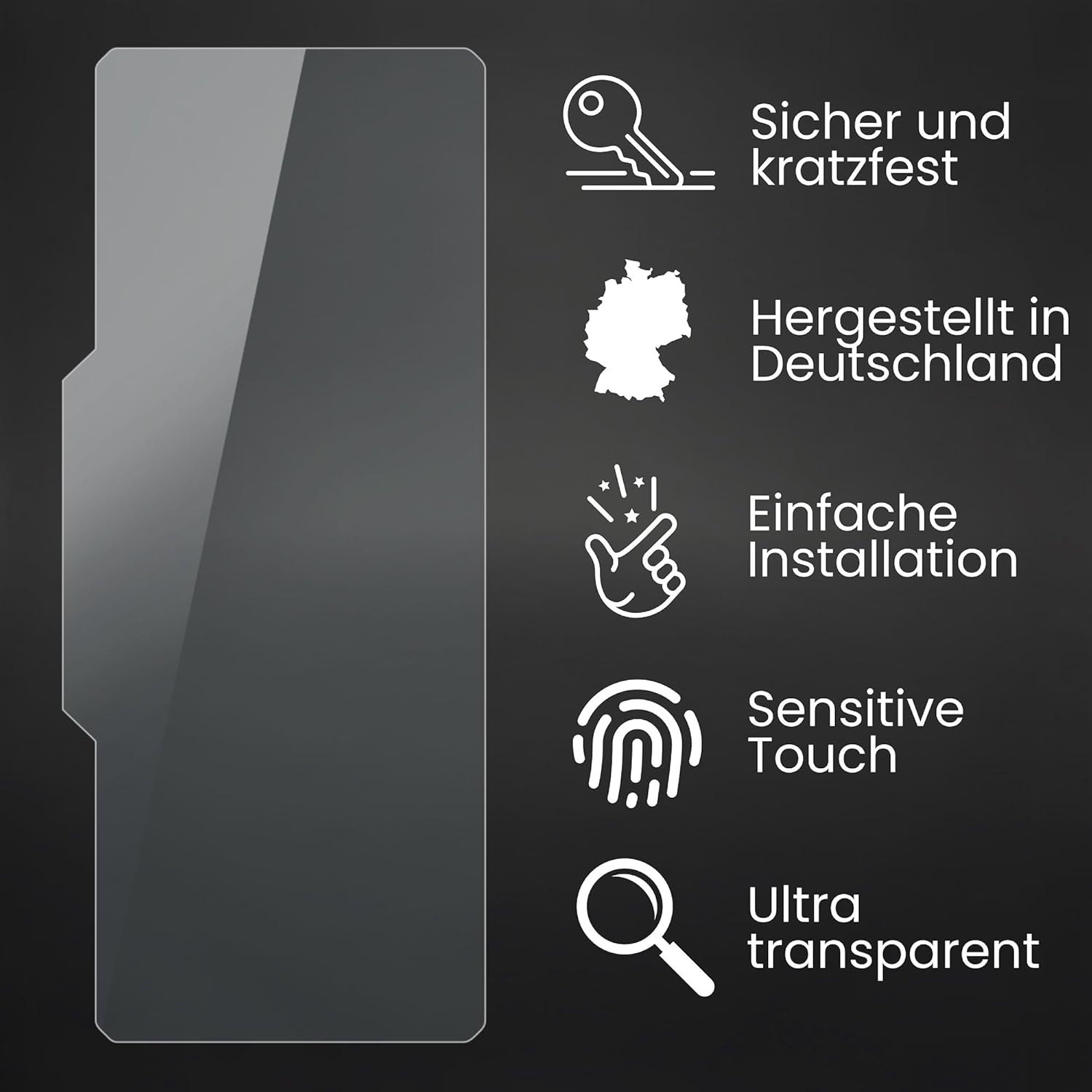 Key features of Bruni screen protector: secure, scratch-resistant, made in Germany, easy installation, sensitive touch, ultra transparent