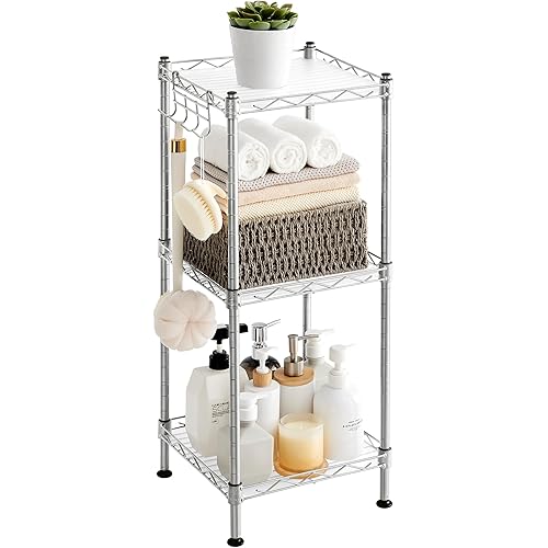 SONGMICS 3-Tier Bathroom Shelf, Storage Rack for Small Space, with 3 PP Shelf Liners, Removable Hook, Extendable Design, Silver and Translucent ULGR103E01