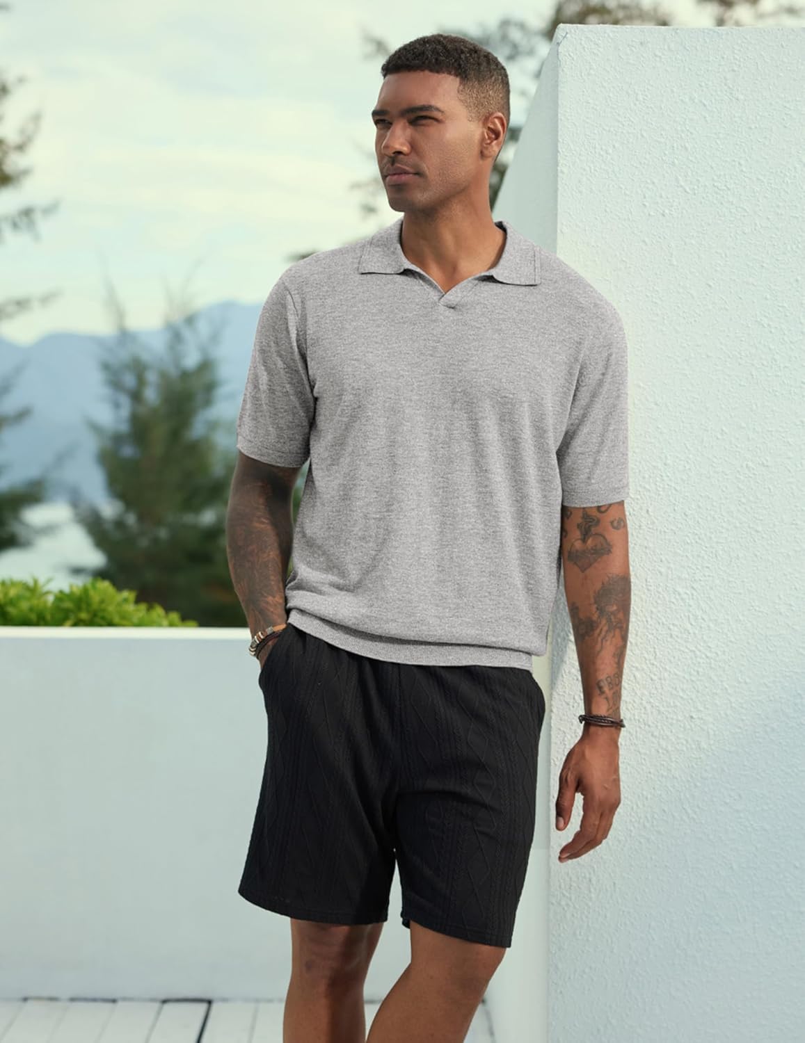 JMIERR Mens Wool Blend Polo Shirts Short Sleeve V Neck Knit Summer Casual Polos - Image 3