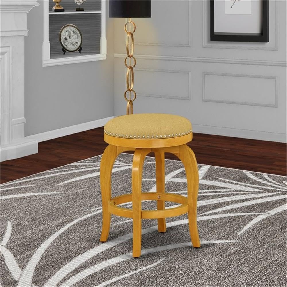 East West Furniture BFS024-416 Bedford Counter Height Stool - Round Shape Vegas Gold PU Leather Upholstered Kitchen Counter Backless Chairs, 24 inch Height, Oak