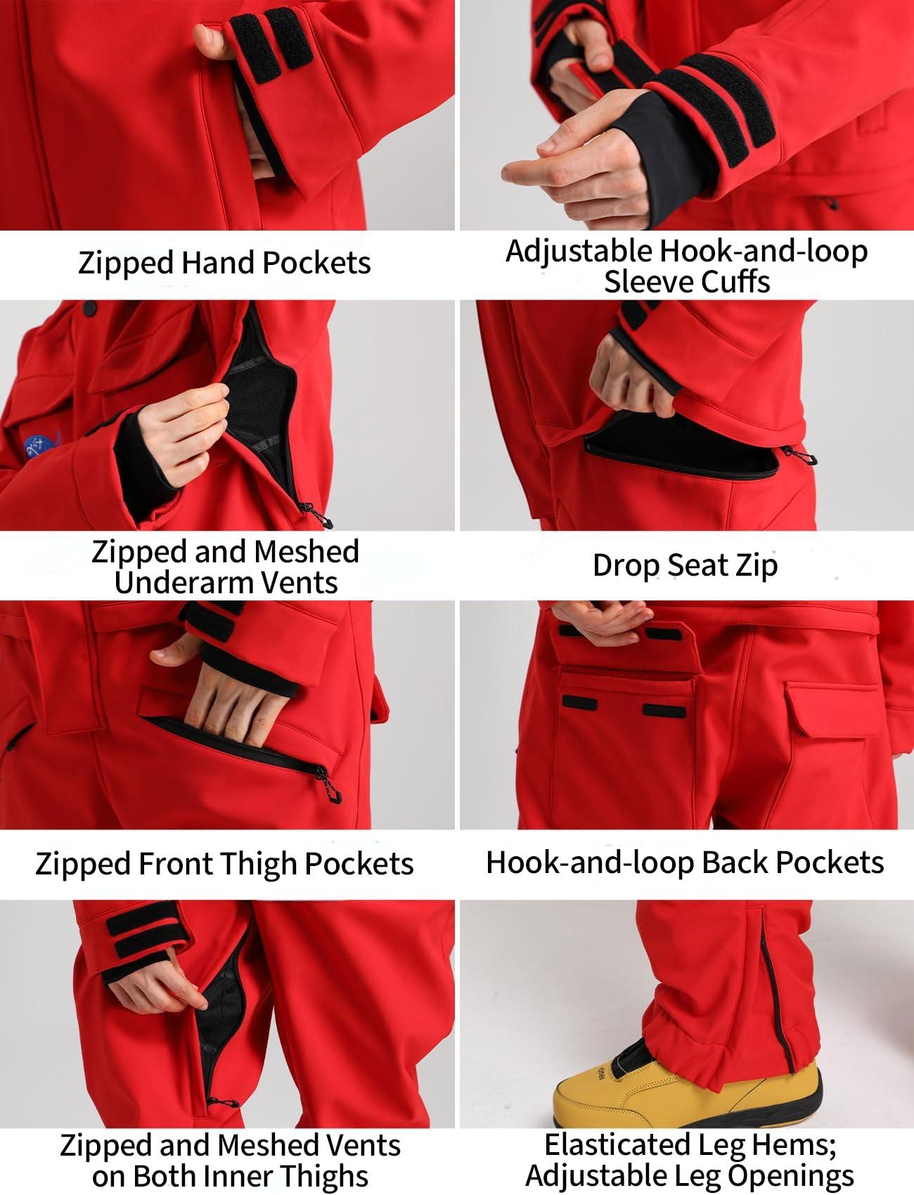 GSOU SNOW Combinaison de Ski/Snowboard Homme, Ample Baggy Multi-Poches à Capuche Imperméable Coupe-Vent Respirante Chaude