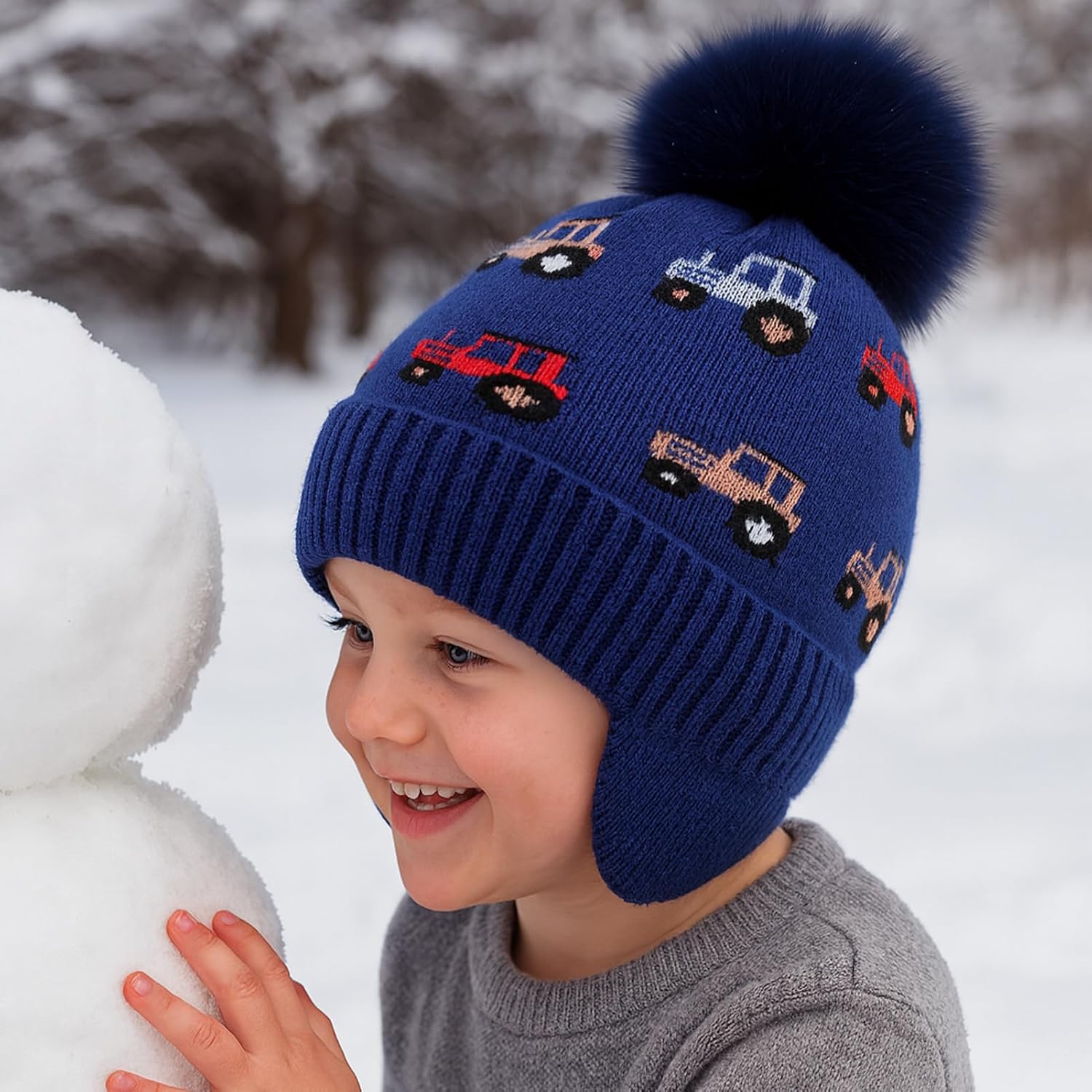 ACTLATI Kids Beanie with Ear Flaps for Boys Girls Pom Knit Hats Fleece Lining Winter Outdoor Skull Snow Ski Cap Age 2-10