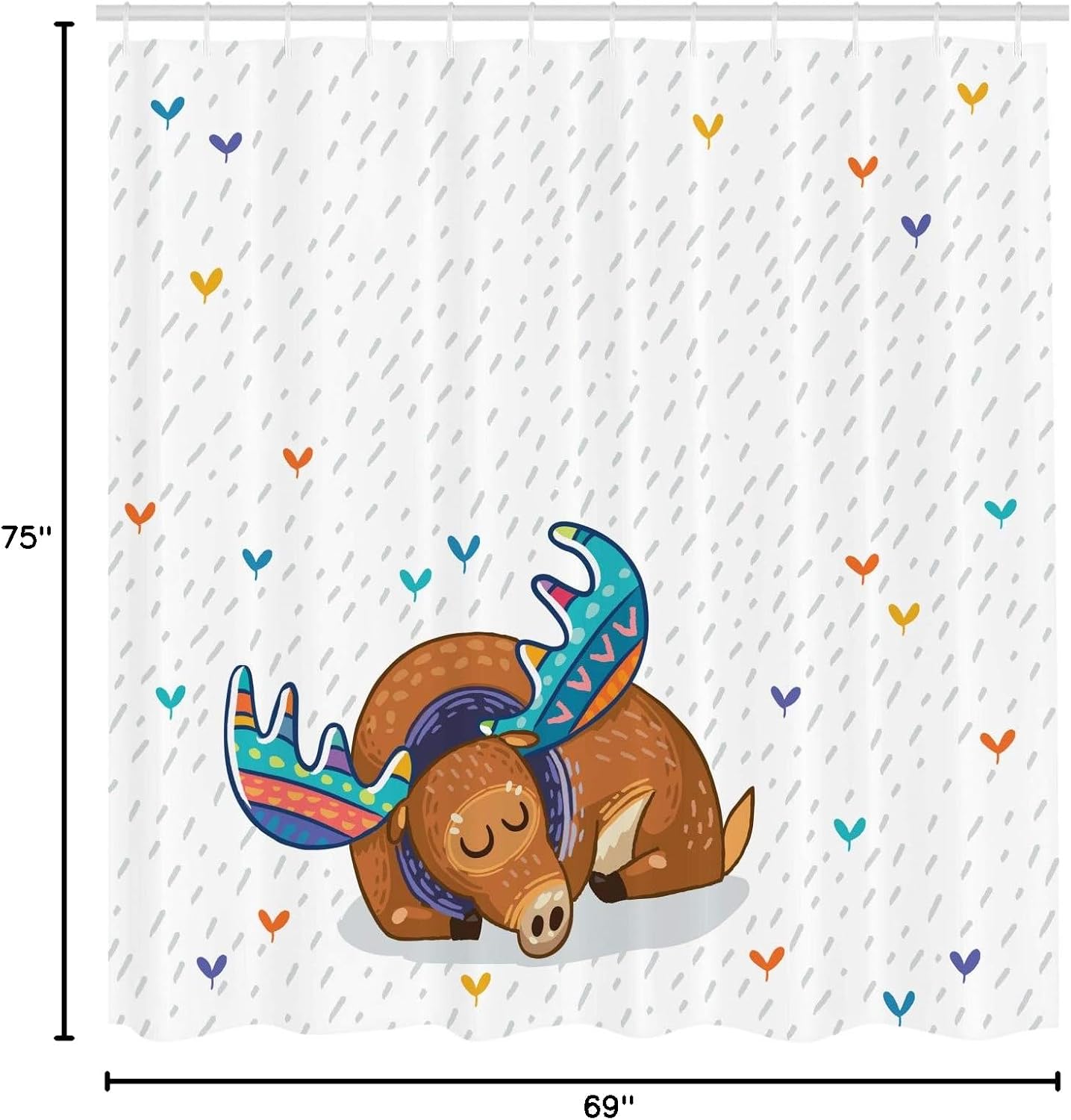 Ambesonne Moose Shower Curtain, Colorful Antlers Boho Style Deer Retro Winter and Rain Pattern Rainbow Heart Inspired by Animal Theme, Fabric Bathroom Decor Set with Hooks, 69" W x 75" L, Pale Brown