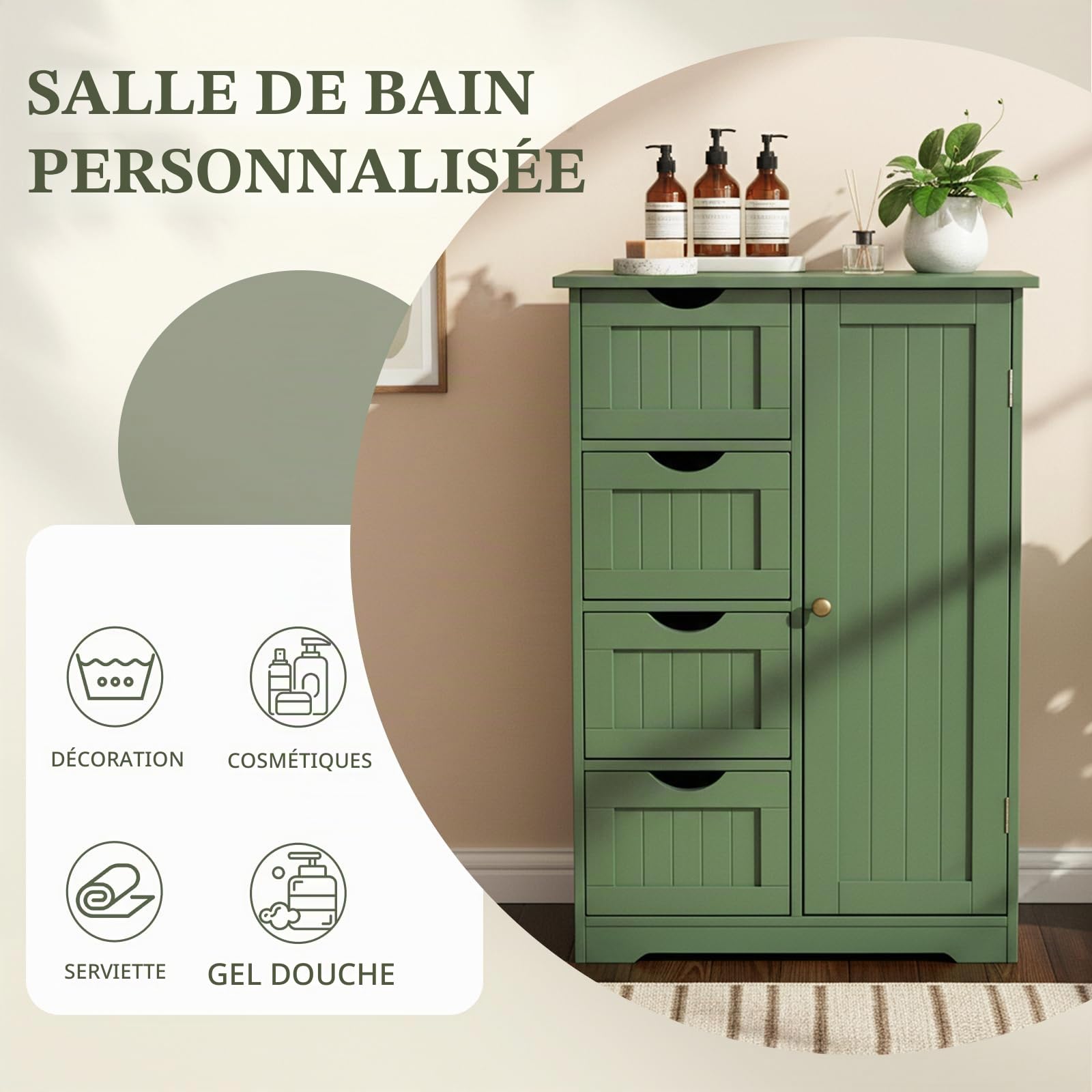 LEADZM Meuble Salle de Bain Rangement，avec étagères Réglables Vert Forêt | équipé de 4 Tiroirs, Convient pour Le Salon，la Cuisine，la Chambre à Coucher，Conception Anti-basculement