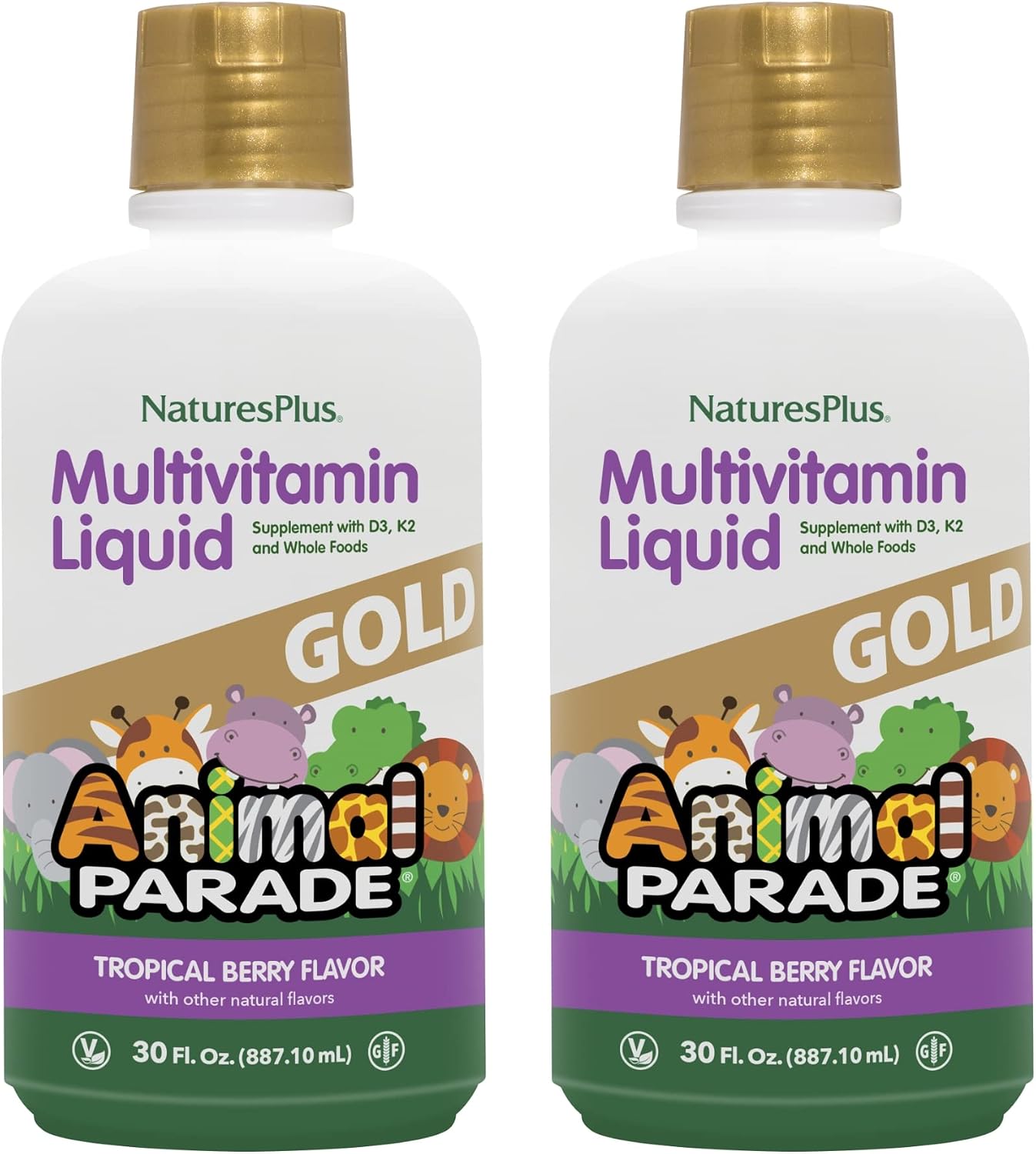 NaturesPlus Animal Parade Gold Children's Liquid Multivitamin, Natural Tropical Berry - 30 oz, Pack of 2 - Immune Support Supplement - Vegetarian, Gluten Free - 120 Total Servings