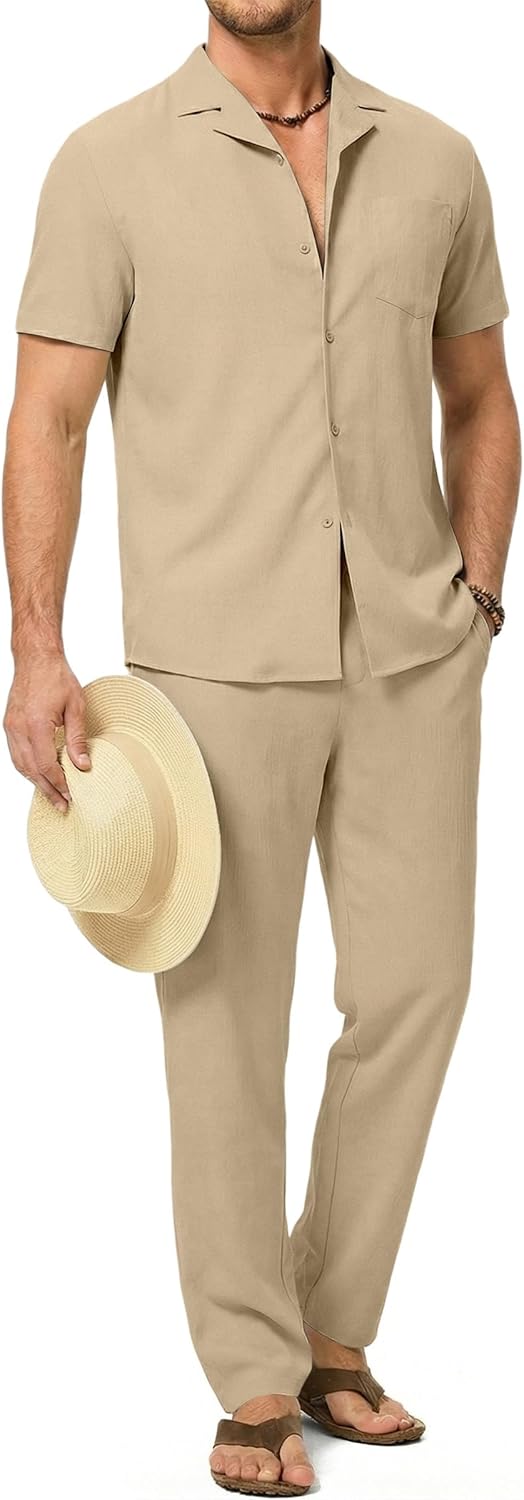 Dokotoo Men Men's Beach Outfit 2 Piece Casual Button Down Shirt Short Sleeve Loose Shirts and Pants Vacation Sets for Men