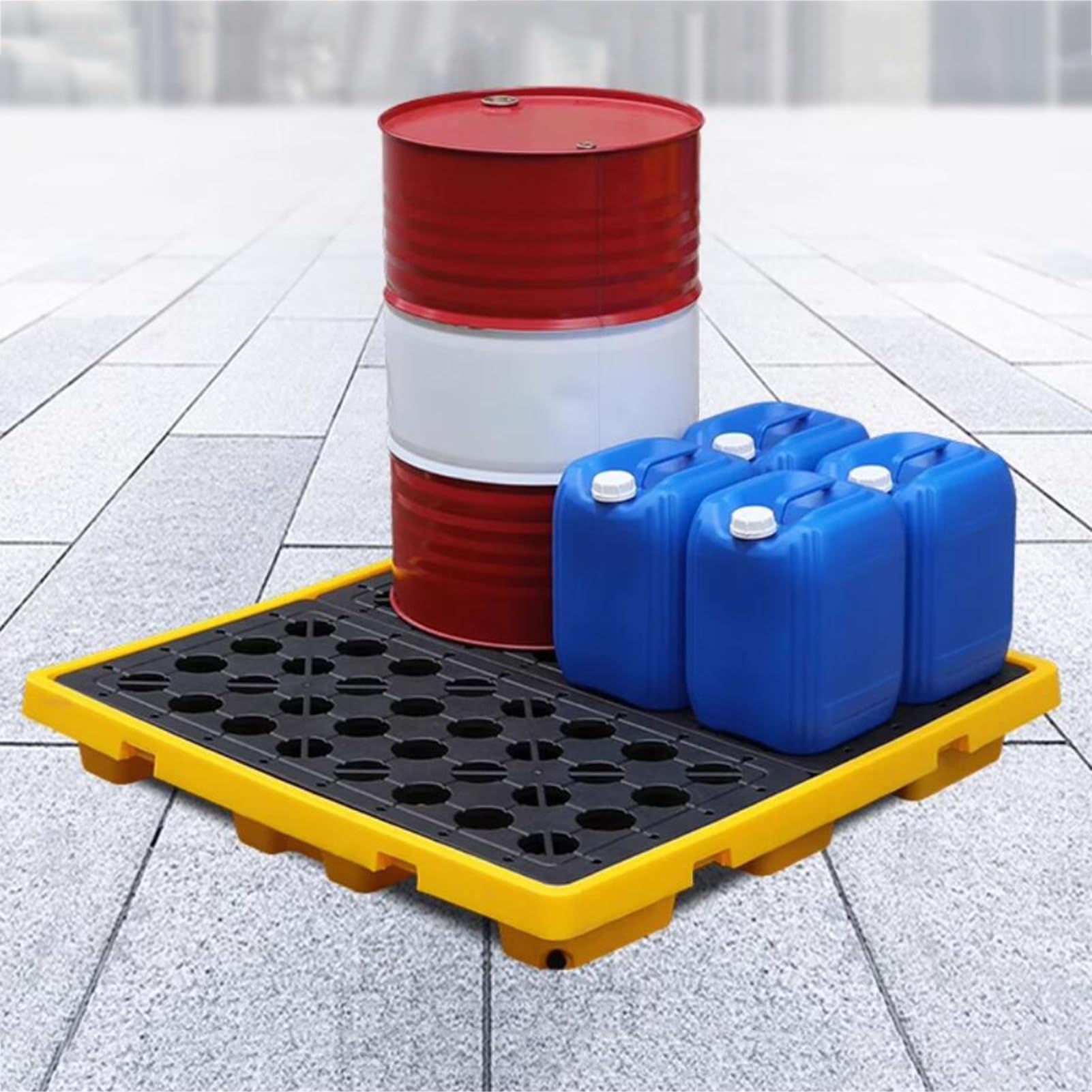 Pallet Industriale Anti-Goccia, 72x72x16 cm, Pallet Antiscivolo Rinforzato per fusti di Olio con drenaggio, forche per Carrello elevatore e griglia Rimovibile per Un deposito Sicuro, Nero +
