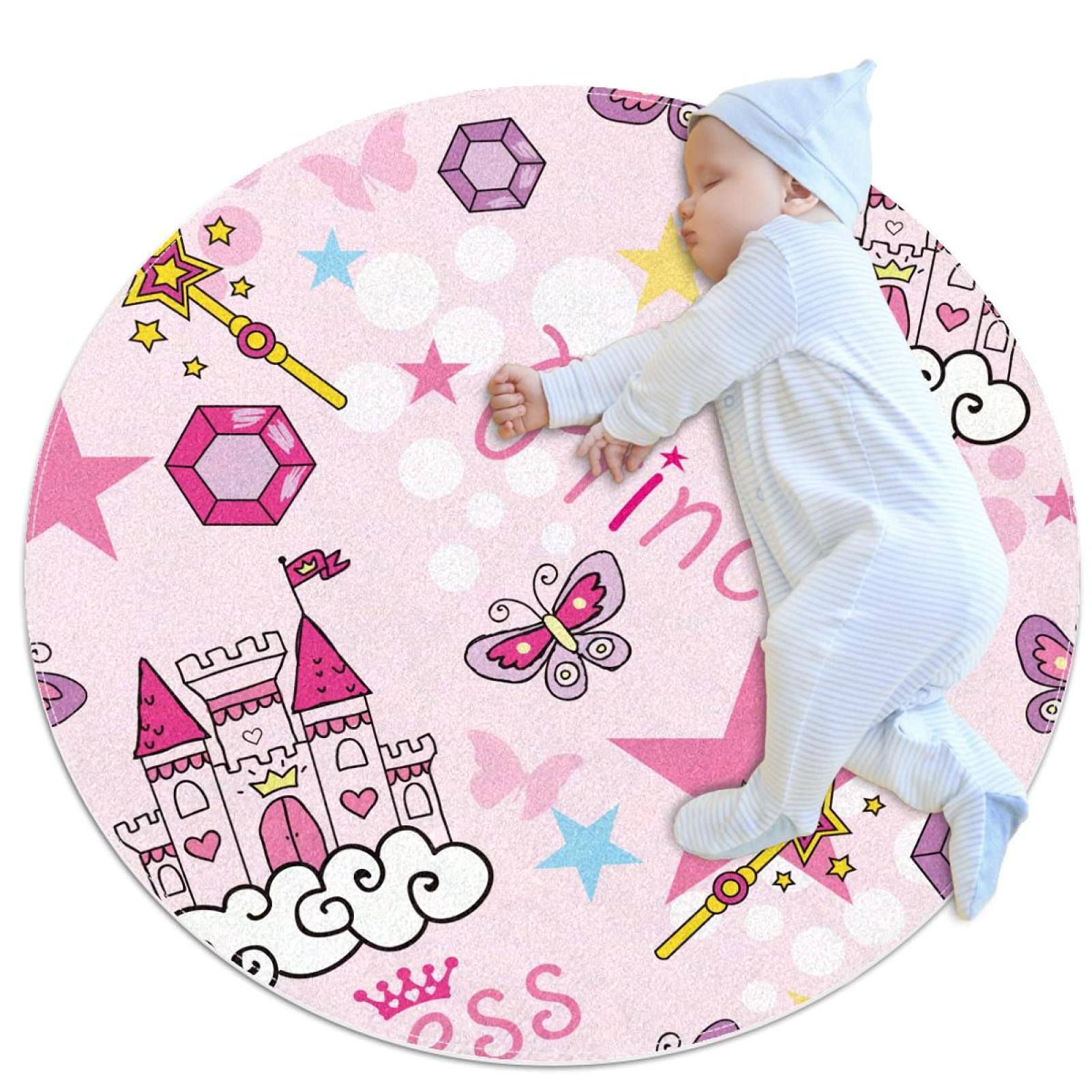Tapis rond rose JDEZ aux motifs de papillons et étoiles antidérapant pour salle de jeux moderne