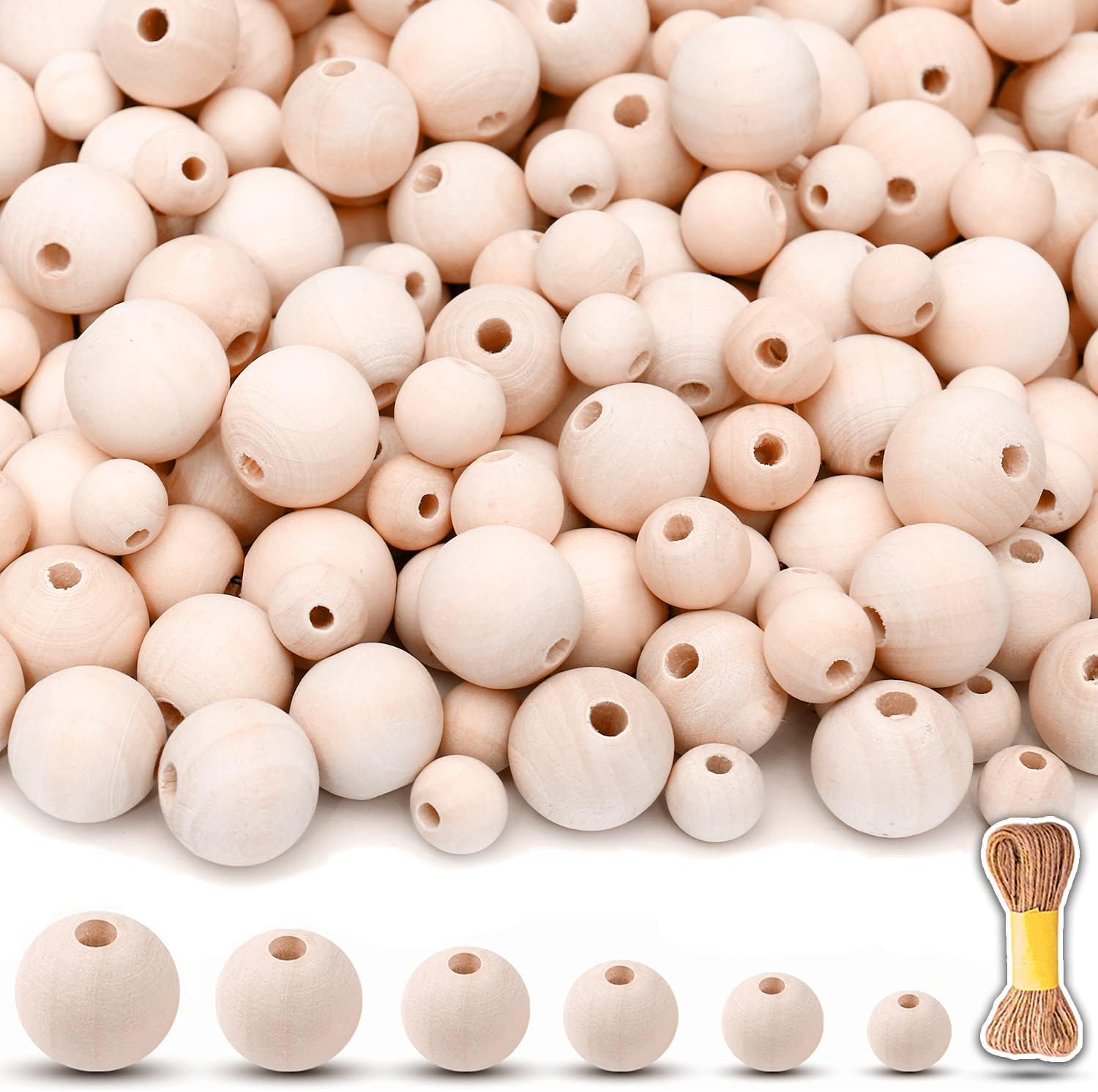 MaZeeb 500 Wooden Beads For Crafts with Jute Twine - 6 Sizes 8mm to 20mm, Assorted Small to Large Wooden Beads Bulk - Contains Large Wood Beads For Crafts, Garland, DIY - Unfinished Wooden Craft Beads