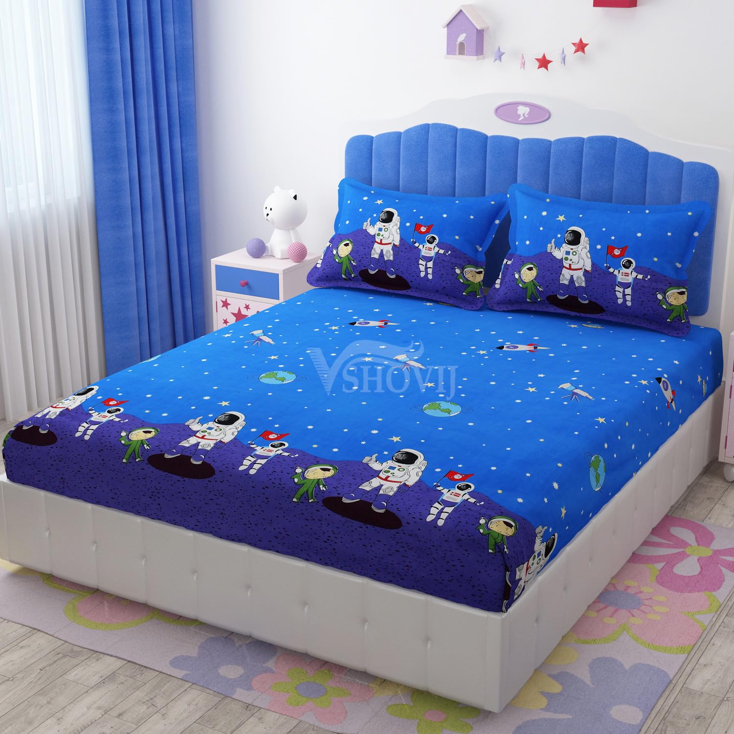 SHOVIJ Glace Cotton King Size Elastic Fitted Bedsheet for Double Bed (72 x 78 x 8 Inches) fits Upto 8 inch Mattress, for Kids with 2 Pillow Covers - Astro-image-8