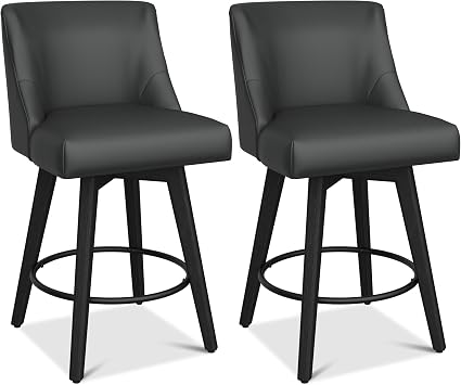 Counter Height Bar Stools, 26" H Seat Height Swivel Barstools Set of 2, Faux Leather Upholstered Modern Counter Stools with Back for Kitchen Island, Solid Wood Legs, Rustic Black