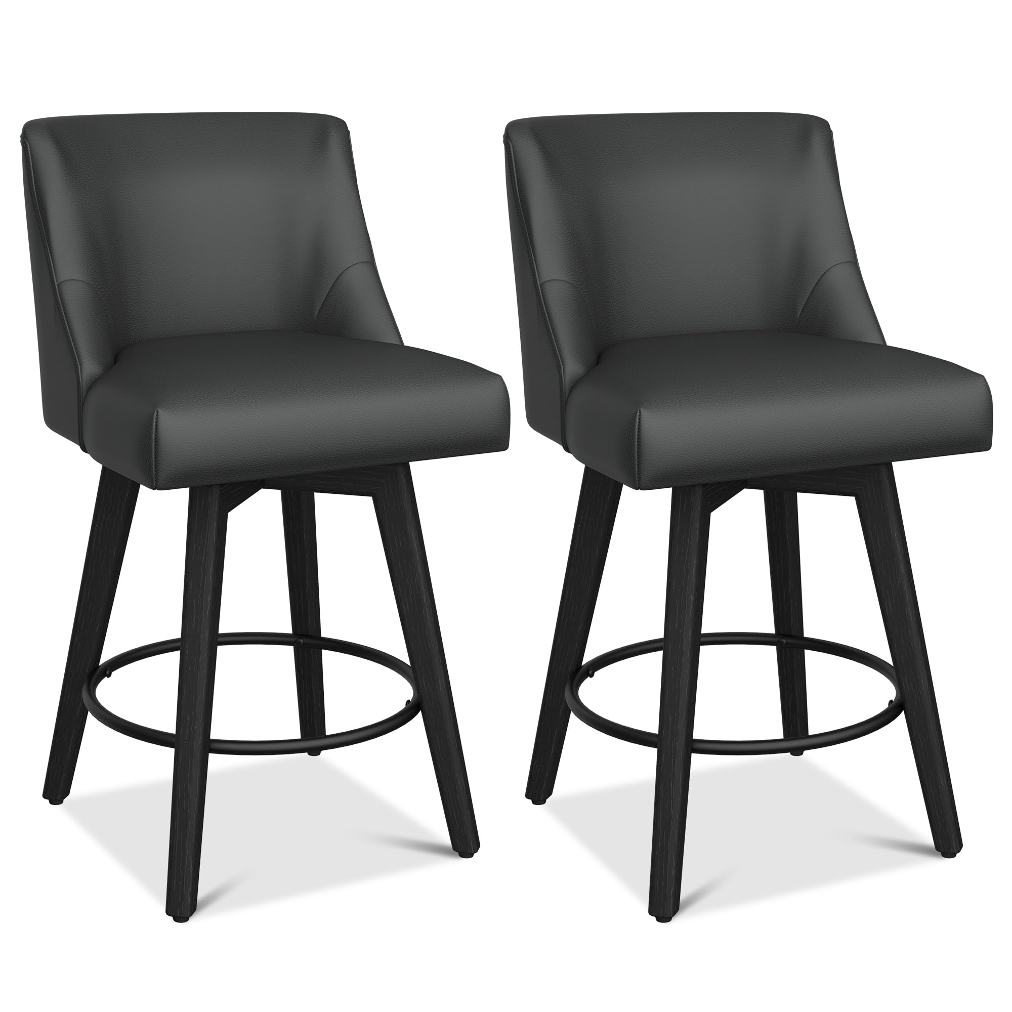 Counter Height Bar Stools, 26" H Seat Height Swivel Barstools Set of 2, Faux Leather Upholstered Modern Counter Stools with Back for Kitchen Island, Solid Wood Legs, Rustic Black
