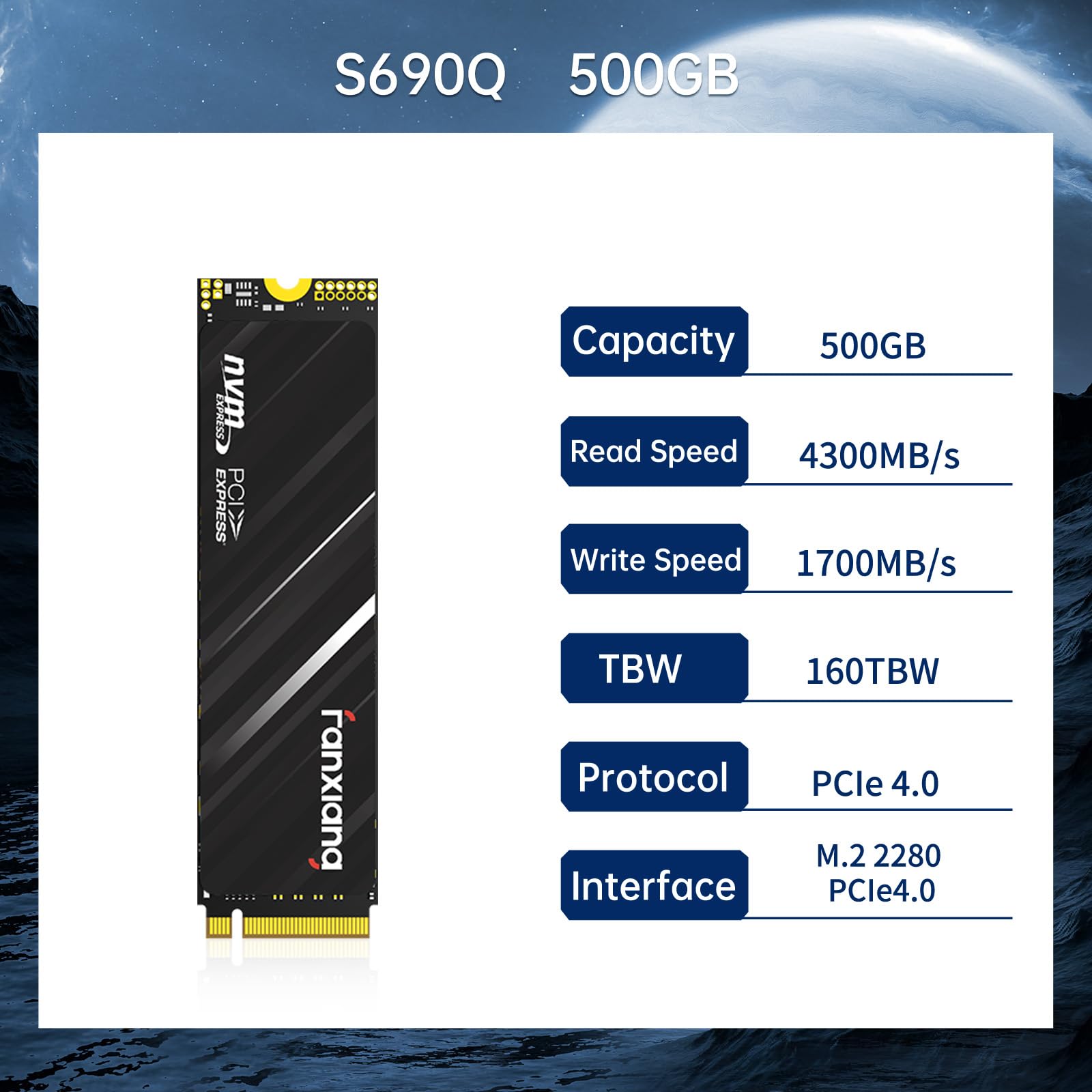 fanxiang S690Q 500GB SSD NVMe M.2 PCIe 4.0x4, Gaming Solid State Laufwerk, 4300 MB/s Lesen Interne SSD, Kompatibel mit Laptops und Desktop, Festplatte für Datenübertragung