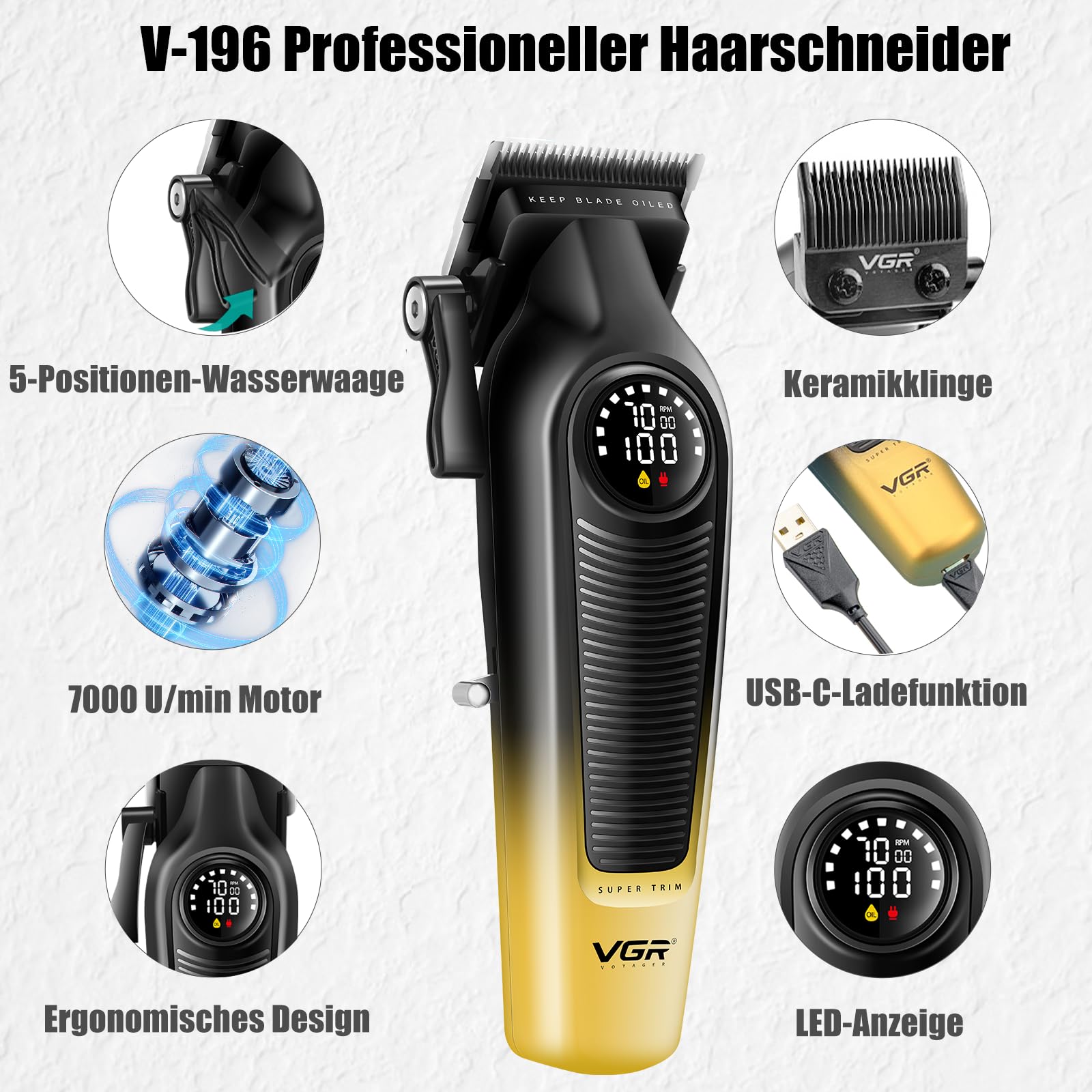 VGR 196 & 996 Haarschneidemaschine Set Profi mit 10 Führungskämme, 1 Kamm | Kabelloses Friseur Set mit Keramisch Titanbeschichteter Klinge, Harrschneidermaschine Herren Profi mit LED Display