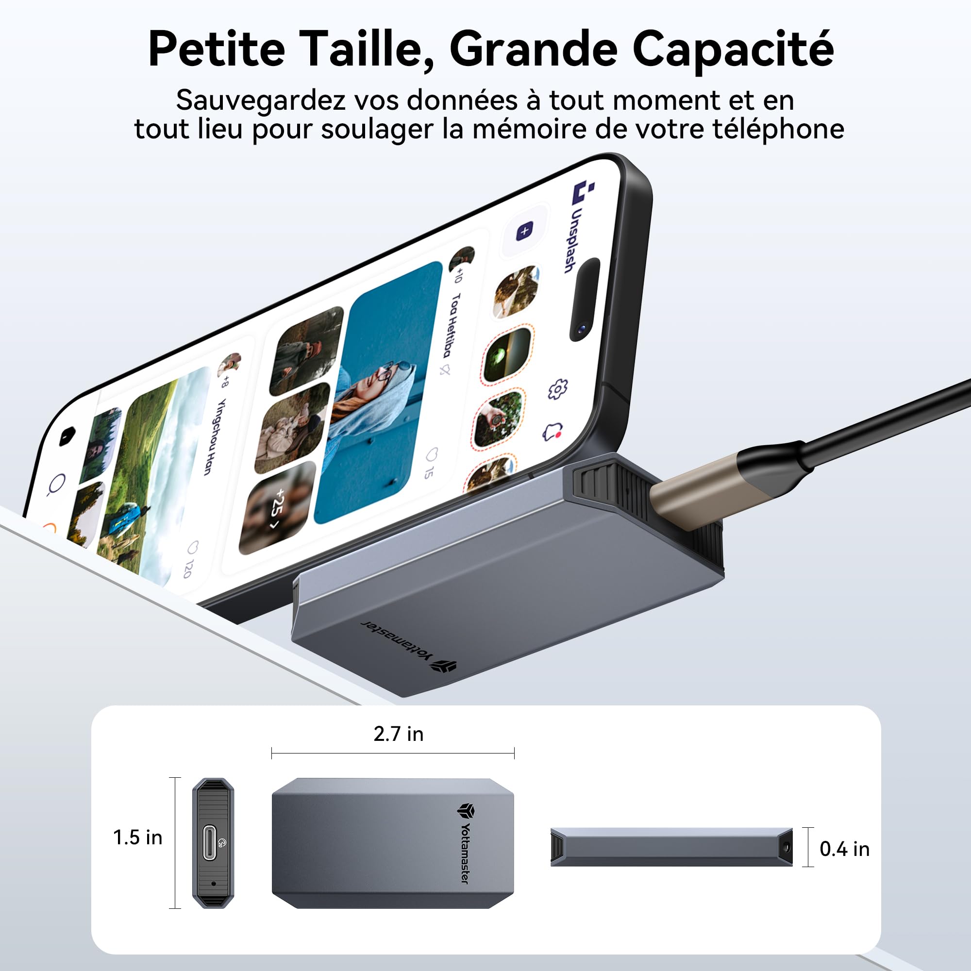 Yottamaster 1TB SSD Externe, Jusqu'à 2000MB/s USB 3.2 Gen 2 x 2, 2-en-1 câble USB-C/A avec Dragonne Prise en Charge 4K ProRes Compatible avec iPhone 17/16 Pro Max, Smartphone, Tablette, Portable