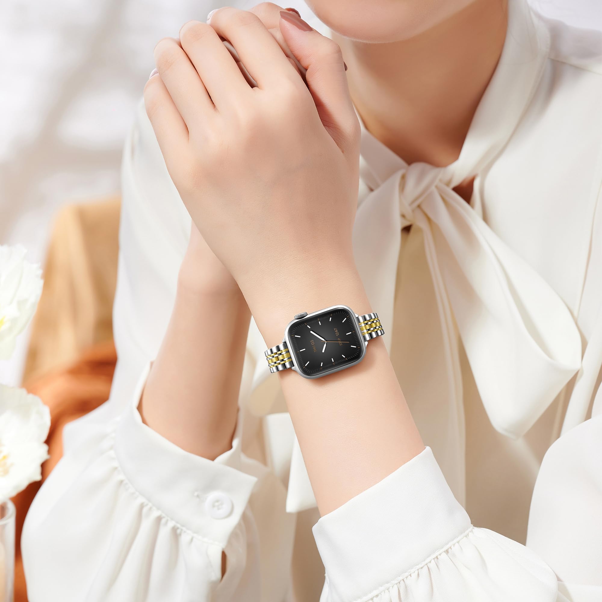 Lerobo Bracelet fin en métal compatible avec les bracelets Apple Watch pour femme 40 mm, 41 mm, 42 mm, 38 mm, 44 mm, 45 mm, 46 mm, 49 mm, bracelet fin et élégant en acier inoxydable pour iWatch Series