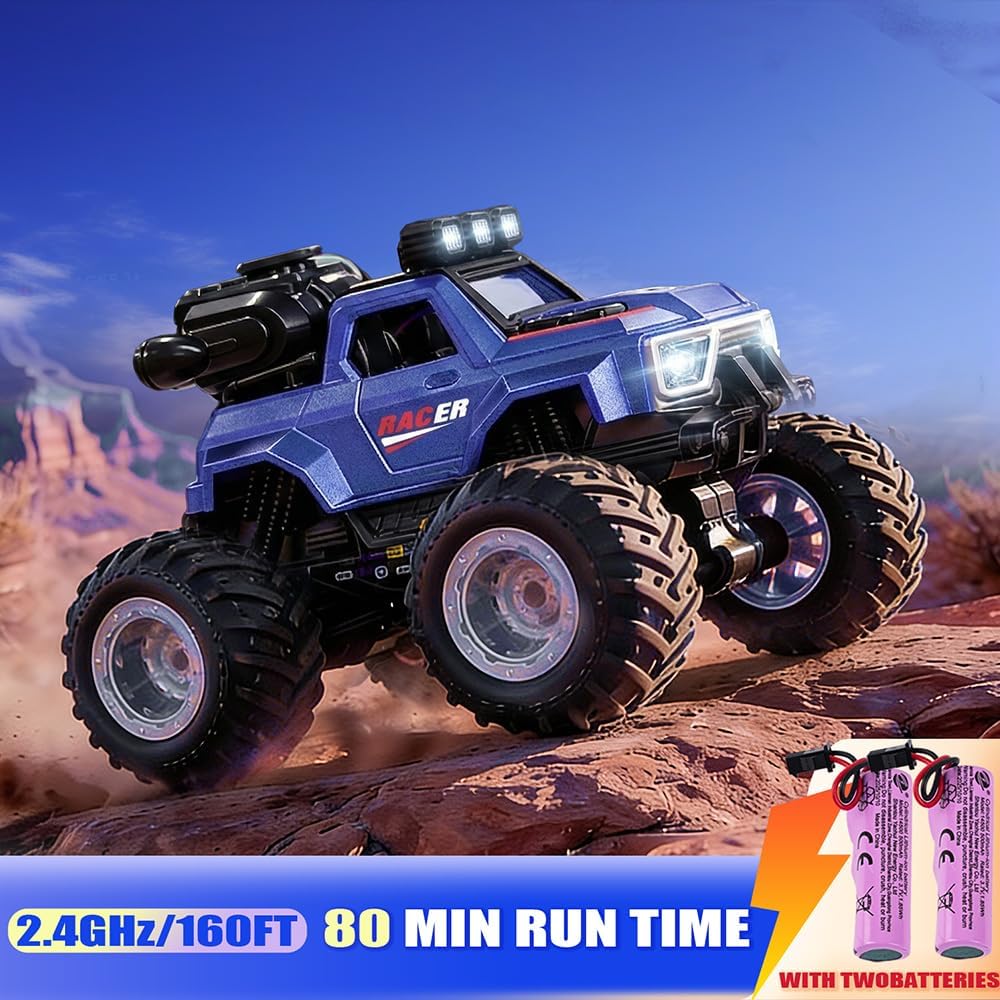 BEZGAR 1:18 Scale Remote Control Monster Truck, 4WD Monster Truck Toys with Music, Mist Spray & LED Light, 360° Stunt Spins RC Truck Toys for Boys 4 5 6 7 8 9 Years Old(Blue)