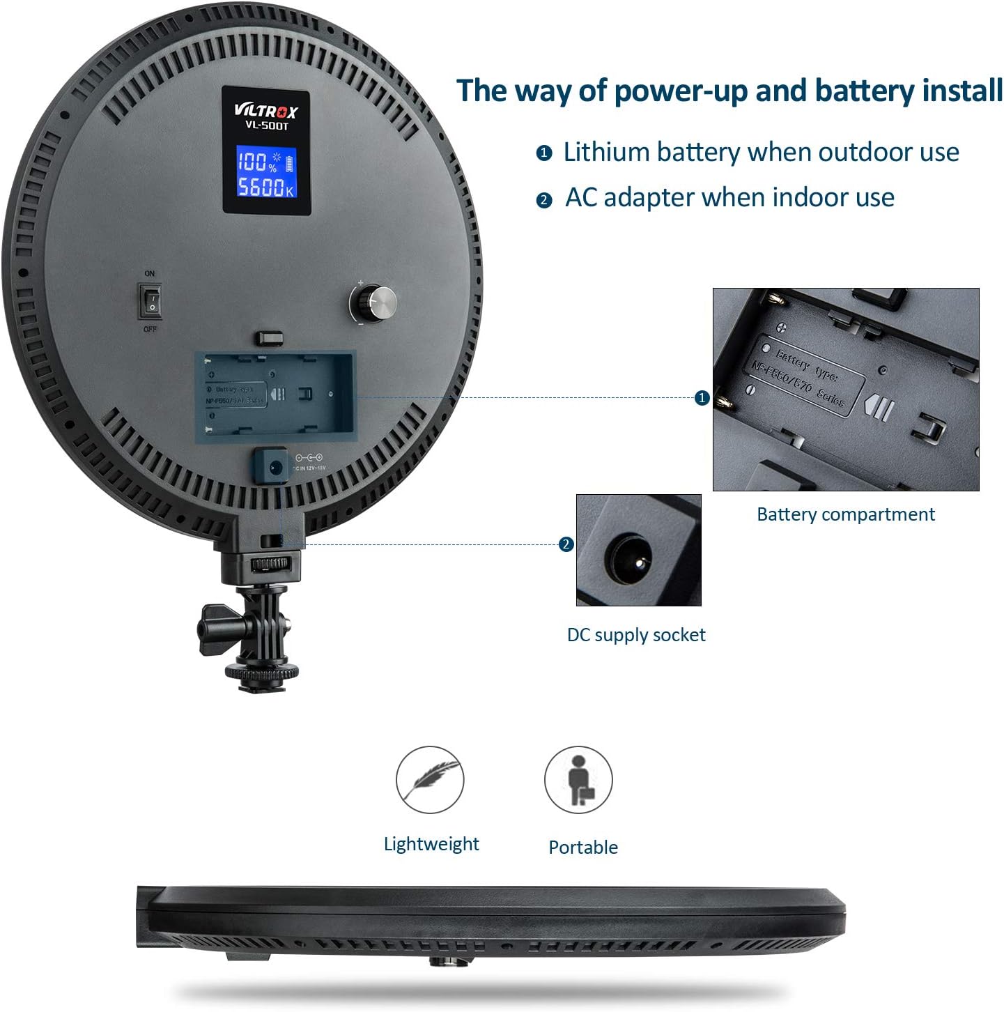 Back of the VILTROX VL-500T light showing power options