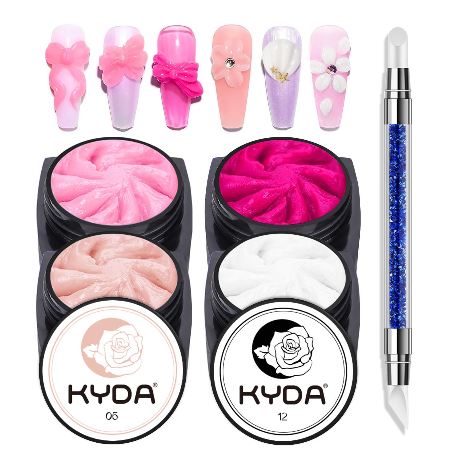 Ownest 4 Colors Sculpture Painting Nail Gel Set, Pink Carved Gel 3D Nail Art Glue, Sculpture Creative Painting Glue Soak Off UV,with 1 Carved Painting Pen