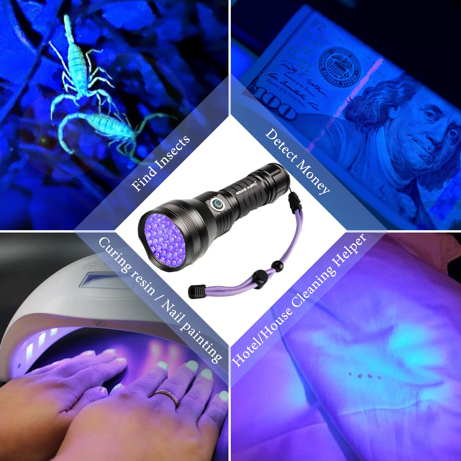 Linterna UV recargable, 51 LED de 395 nm, luz negra, luz UV ultravioleta, detector de orina de mascotas para orina de perro/gato, manchas secas, chinches, curado de resina, escorpiones