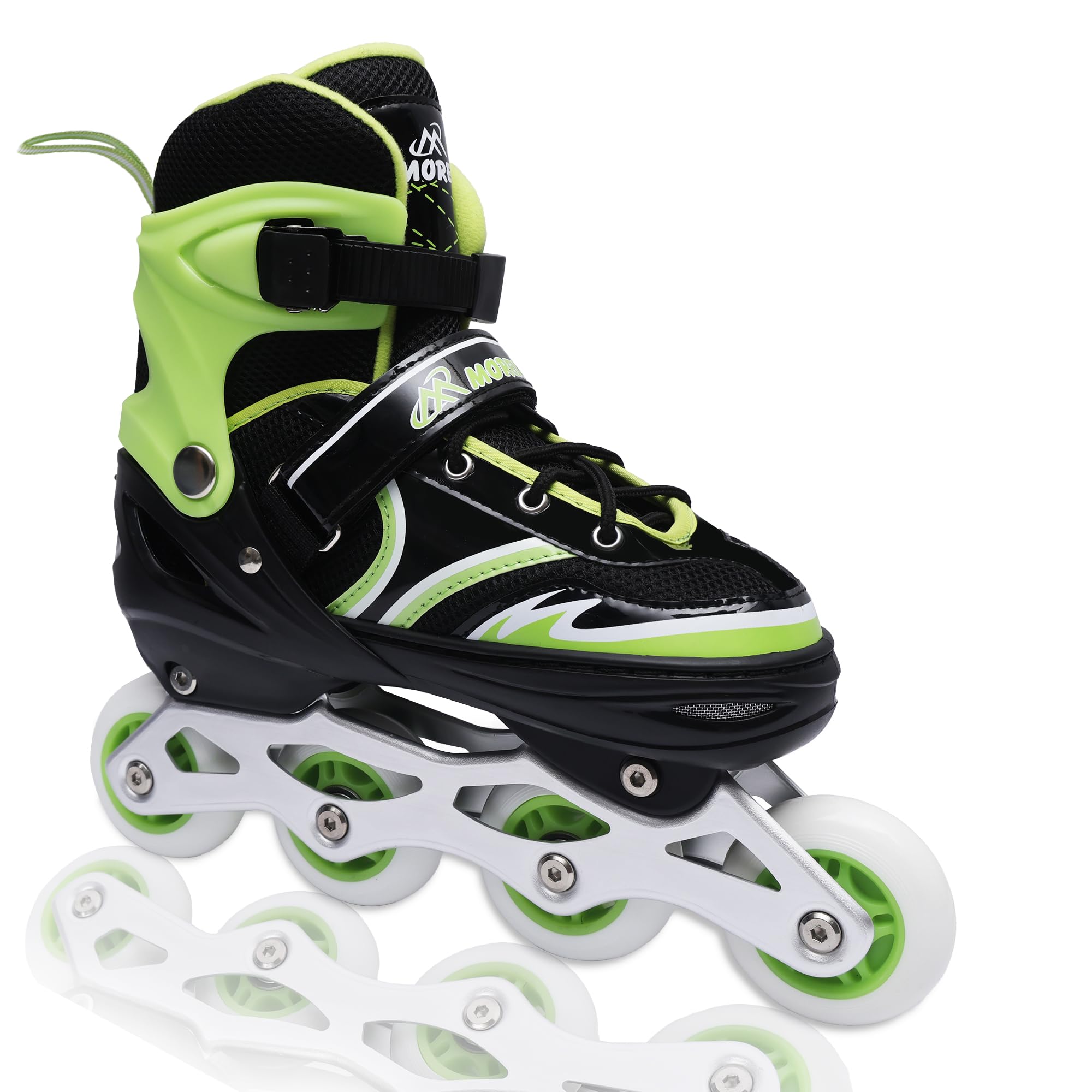RAR SPORTS PVC 4 Wheels Inline Adjustable Skates Skating Shoes for Boys & Girls Skating Shoe Adjustable Roller Blades (Green-Black, X-Large (UK-8 to 10 Size) - 26-28.5 CM)