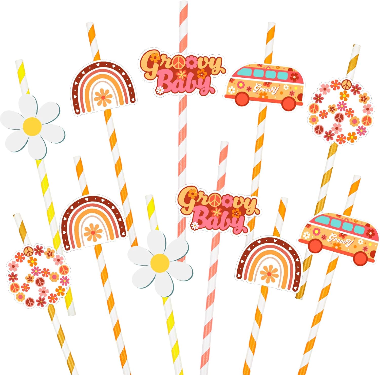 Hortsun 60 Pcs Groovy Baby Shower Decorations Boho Rainbow Flower Straws Retro Hippie Daisy Flower Decorations Drinking Paper Straws for Two Groovy 60s 70s Birthday Party Wedding Classroom Rewards