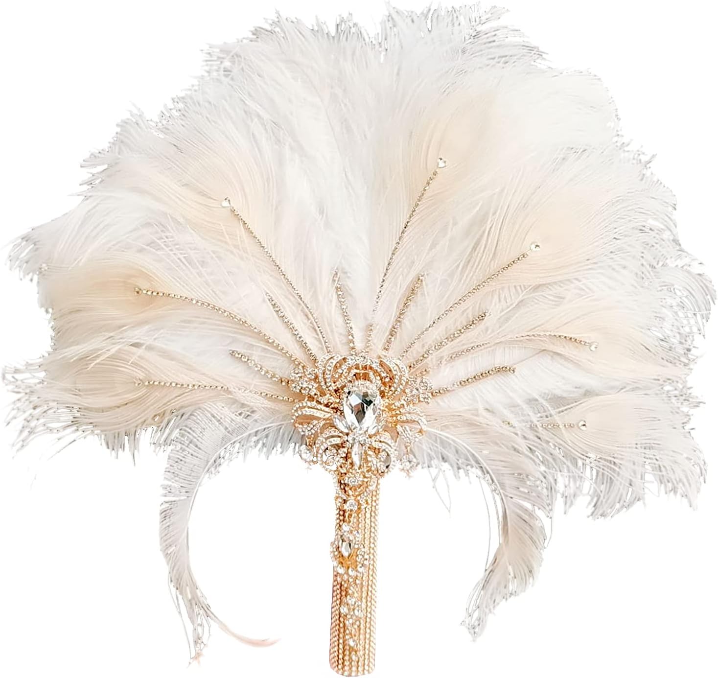 YIFUwedding Gold Bridal Brooch Bouquet Ostrich Large Alternative Feather Fan Bridal Bouquet Ivory, Holding Flowers, 1920s Art Deco Wedding, 20s Bouquet