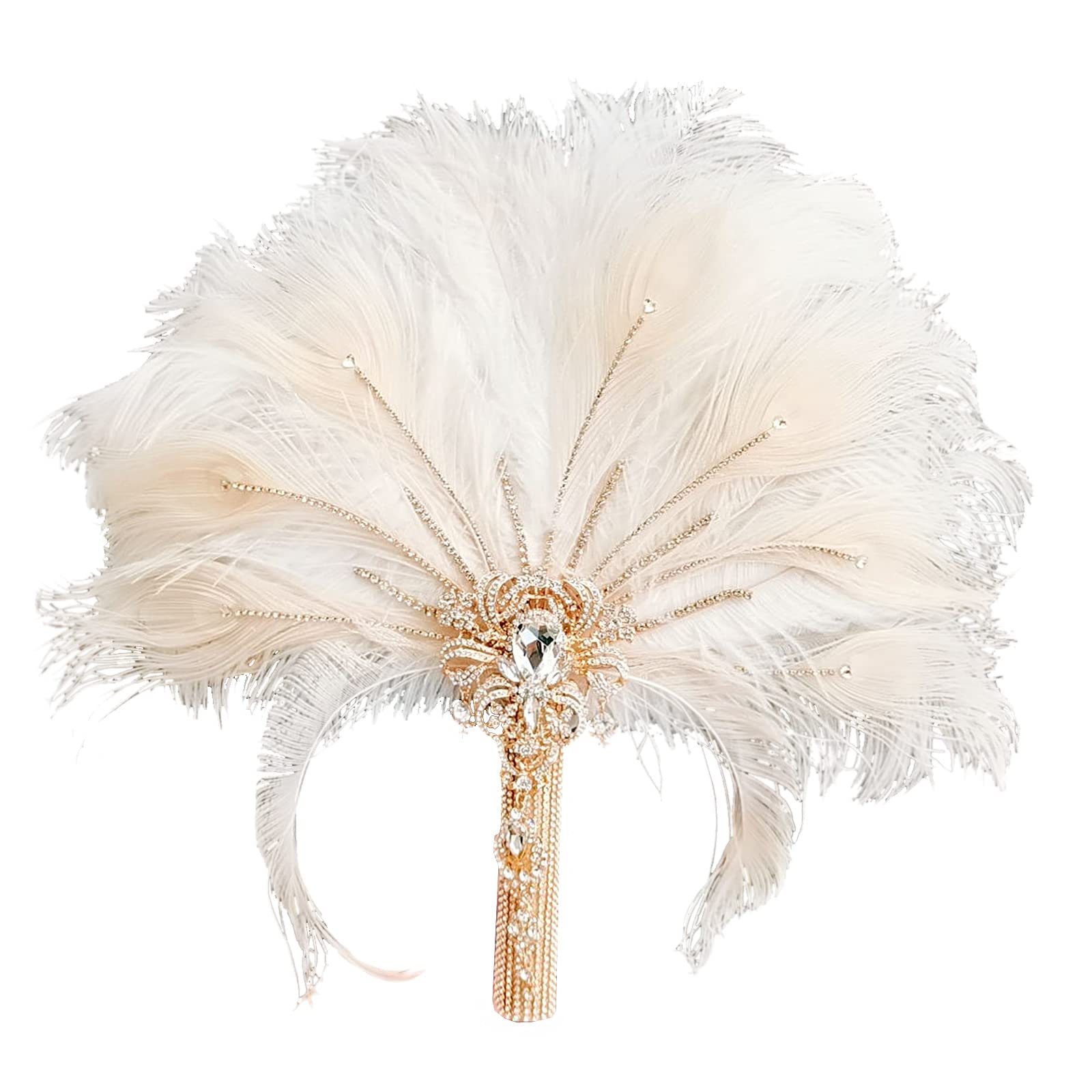 YIFUwedding Gold Bridal Brooch Bouquet Ostrich Large Alternative Feather Fan Bridal Bouquet Ivory, Holding Flowers, 1920s Art Deco Wedding, 20s Bouquet