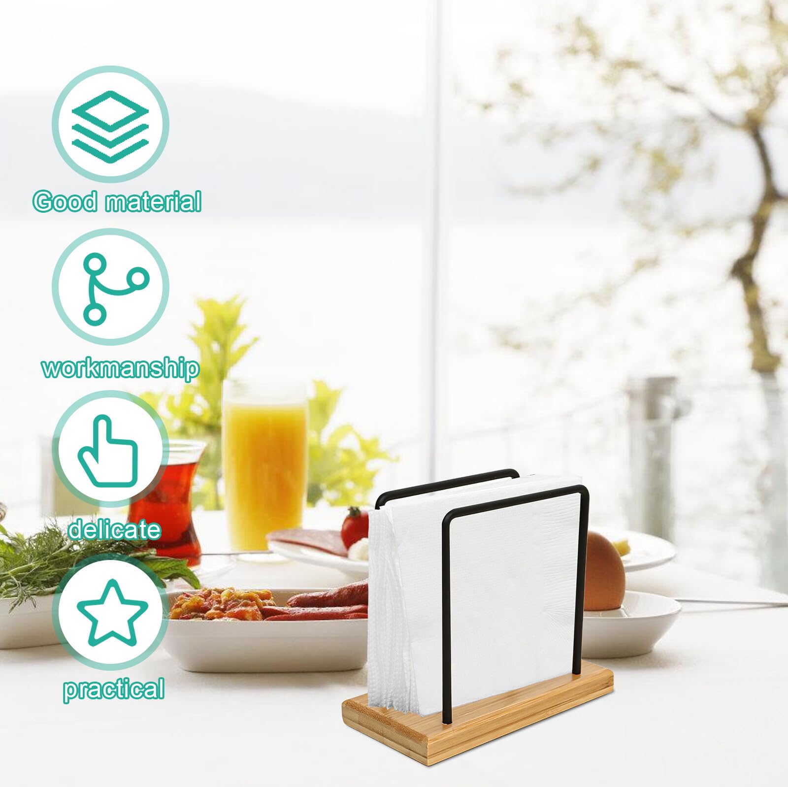 AKONE Serviettenhalter Aus Metall & Holz - Rutschfester Serviettenspender Für Tisch - Küchenzubehör & Deko