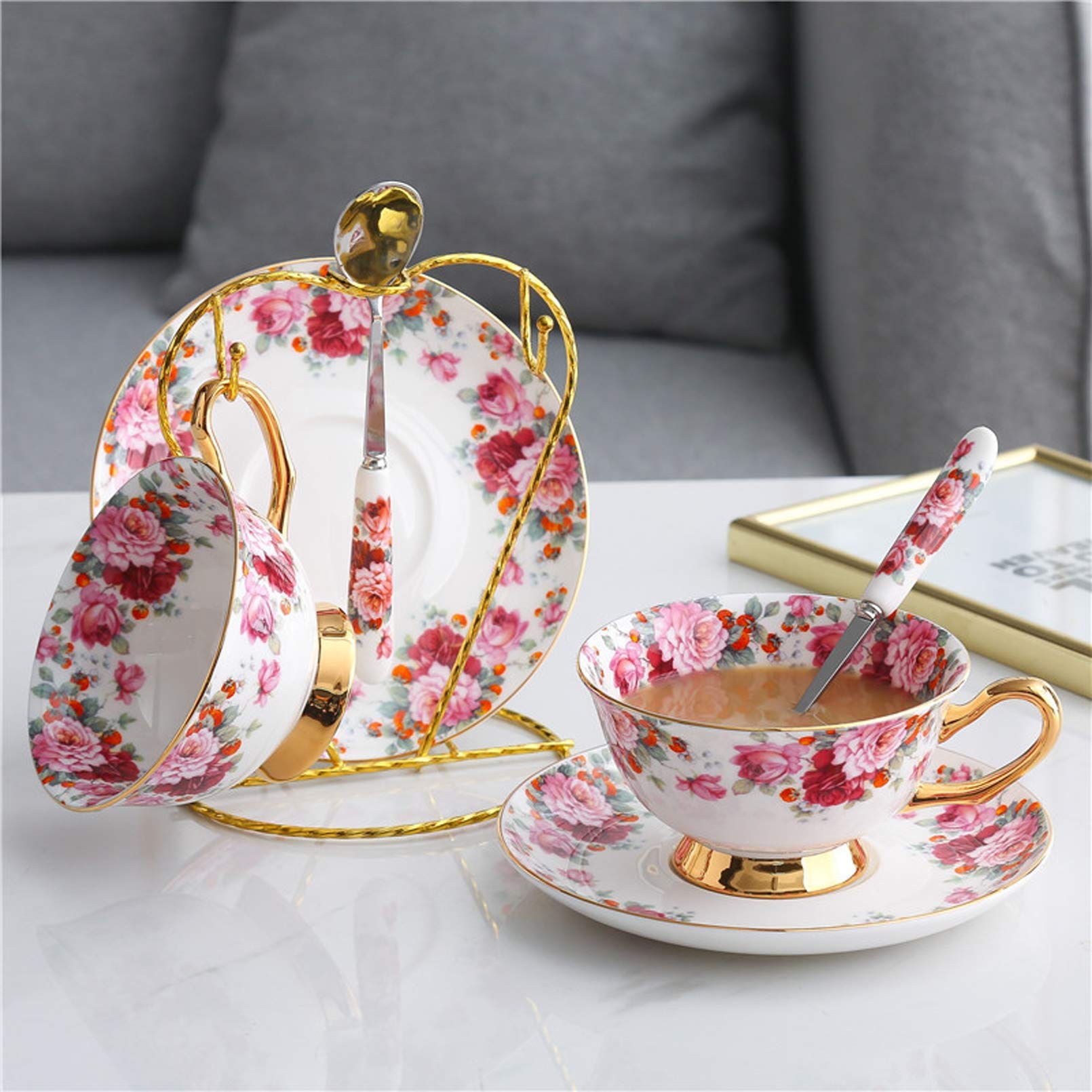 TEACUPS PORCELANIA, 200Ml, Servicio De Té Inglés, Servicio De Café con Flores, Conjunto De Café De Porcelana, Taza De Café Floral con Platillo Y Cuchara De Porcelana De Porcelana De Hueso Premium.,A