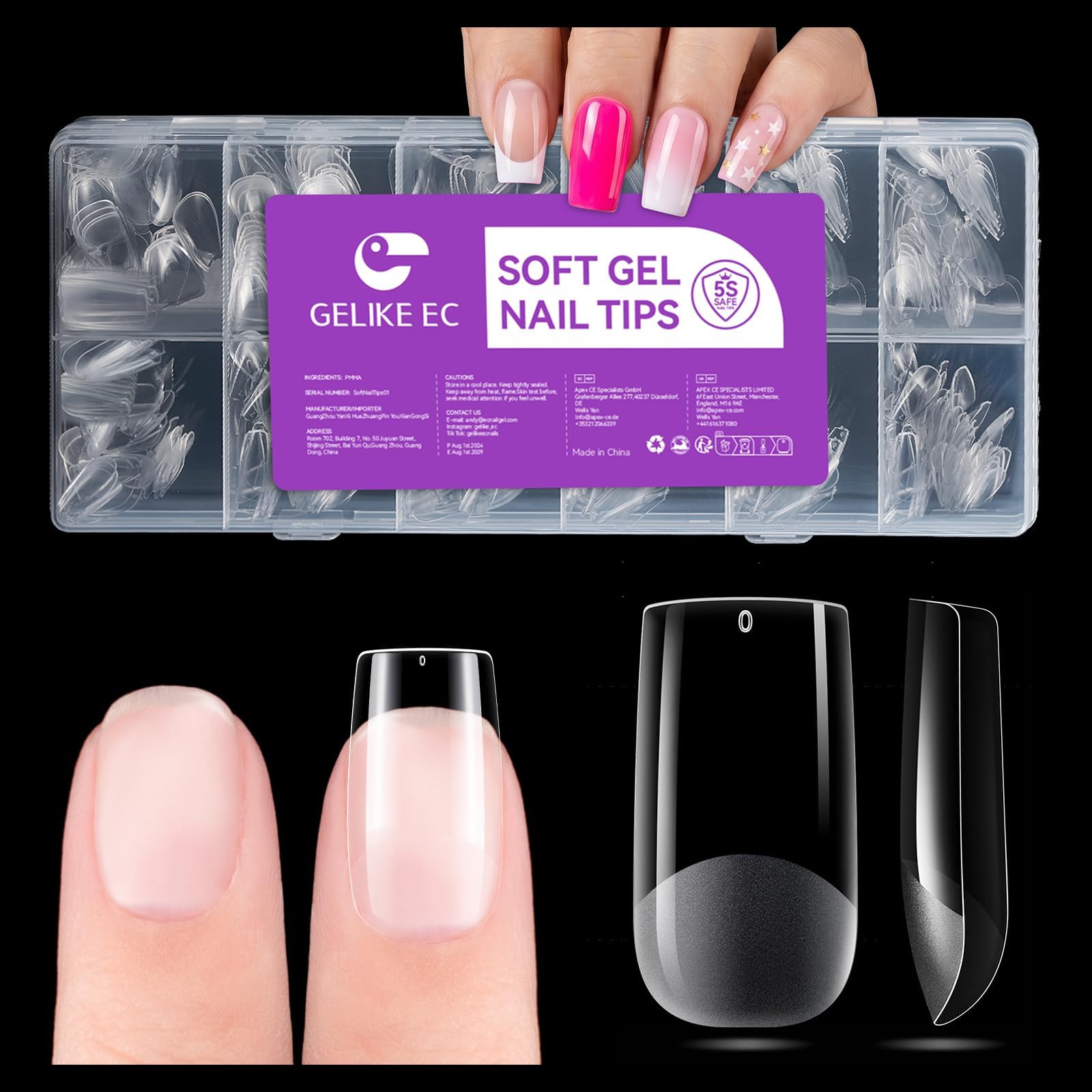 gelike ec Nail Tips for Home DIY : 552Pcs Medium Square Soft Gel Full Cover