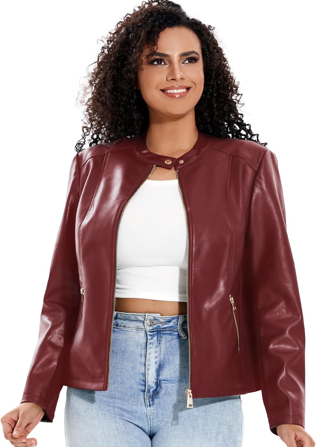 Women's Faux Leather Jacket Plus Size Motorcycle Biker Outwear Pu Zip Up Moto Coat - Image 2