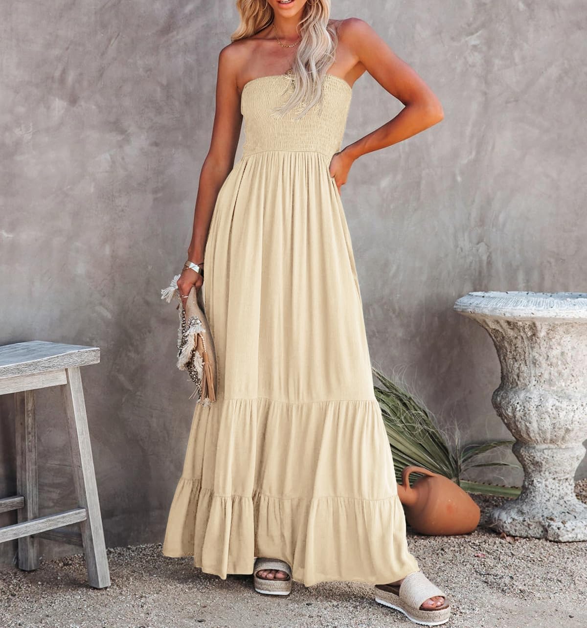 R.Vivimos Womens Summer Cotton Strapless Elastic Smocked Boho Beach Casual Flowy Maxi Tube Dresses - Image 2