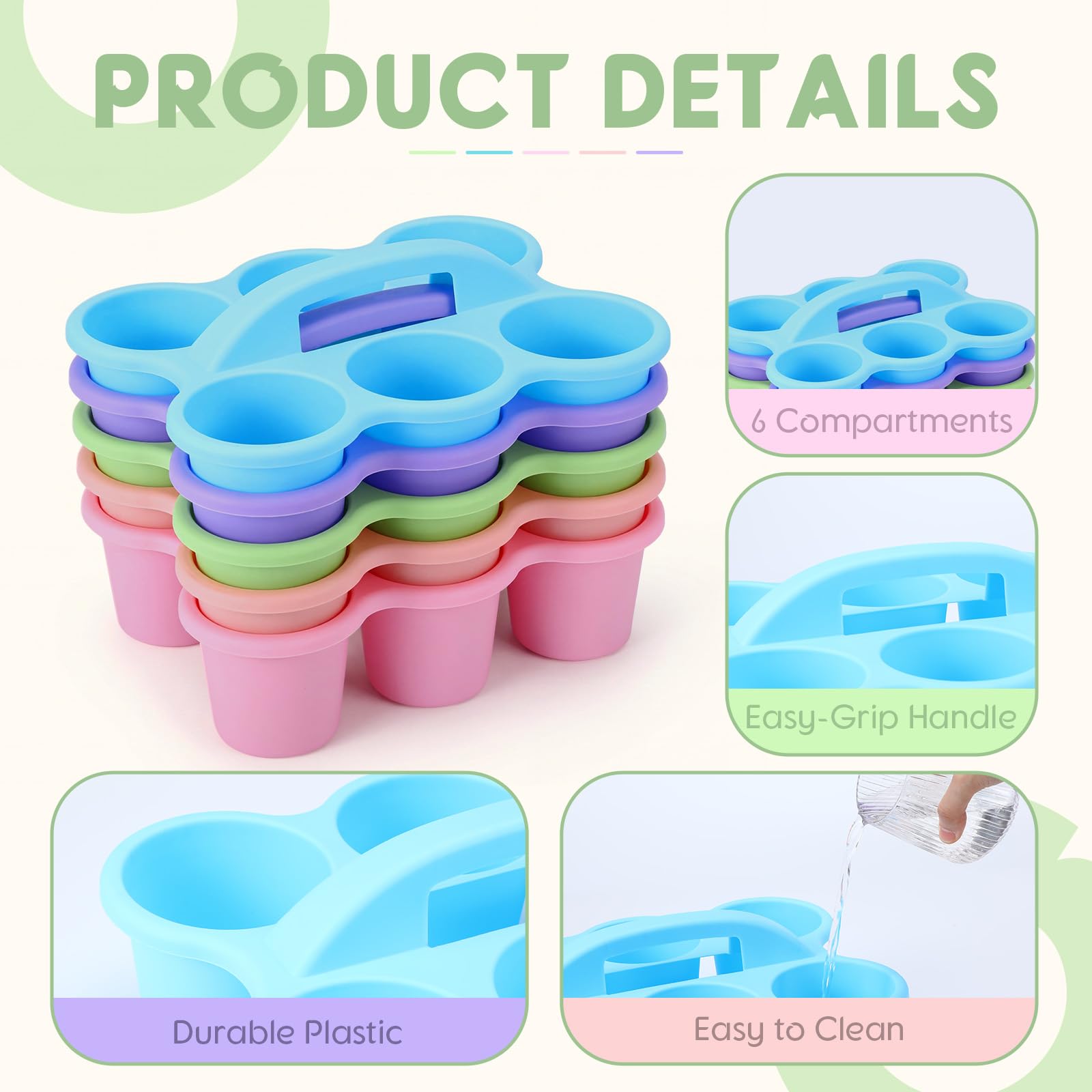 Confezione da 5 contenitori in plastica con manico, 30,5 x 22,9 x 12,7 cm, 6 scomparti, per scuola, tavolo, pastelli, matite, pennarelli, forbici, 5 colori